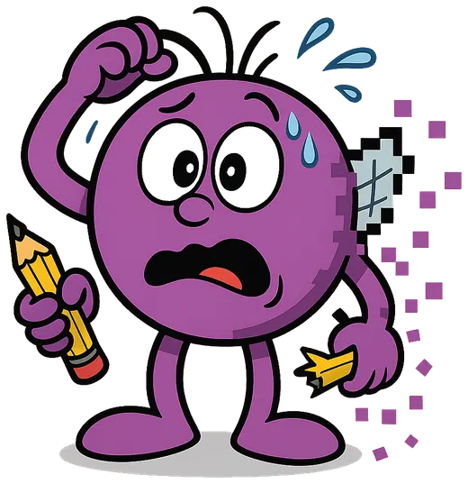 Bug, o glitch roxo de anteninhas e asinhas, coçando a cabeça confuso com um lápis quebrado