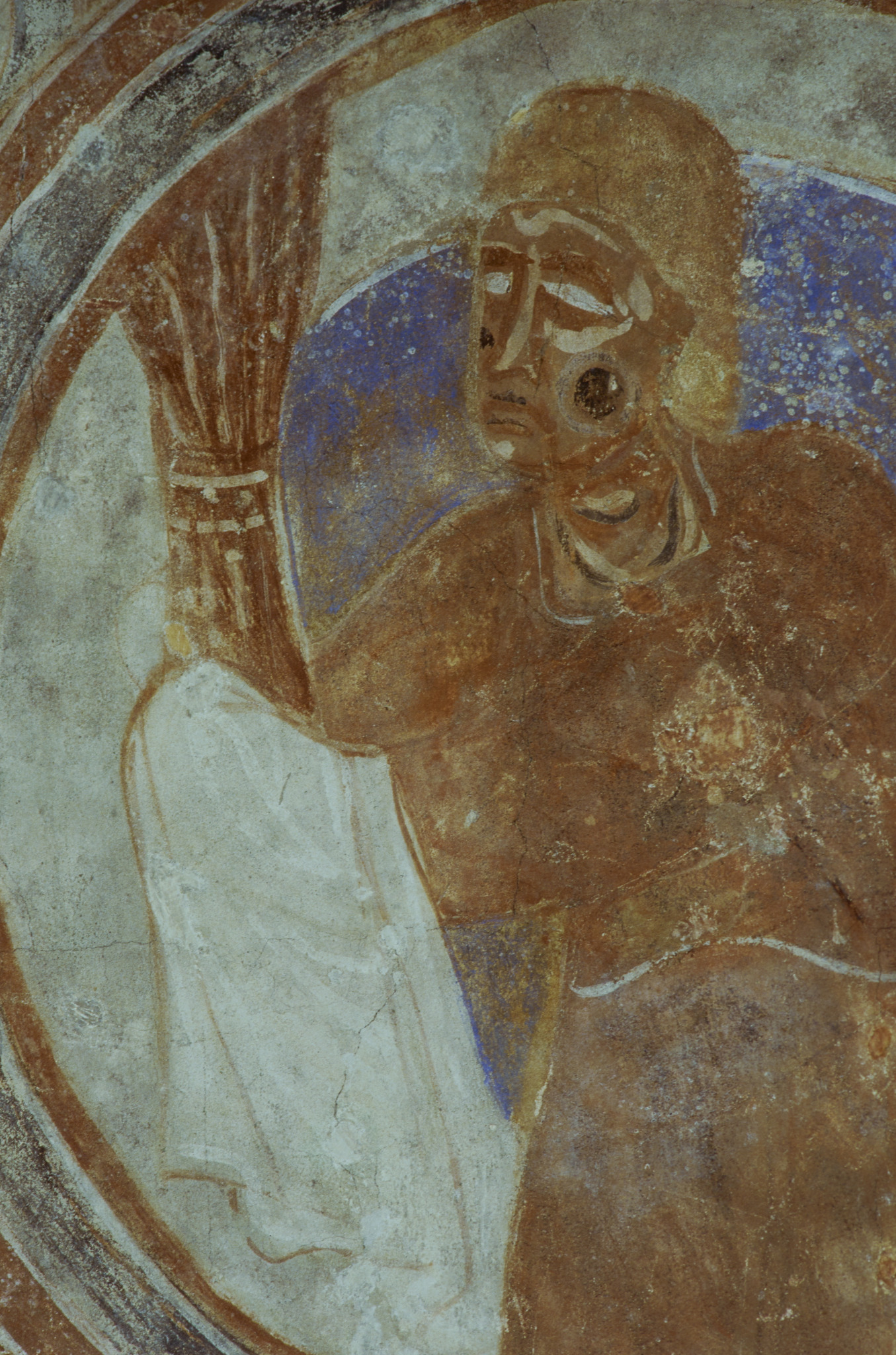 Figura segurando feixes de trigo, representando a oferta de Caim a Deus, em afresco medieval sueco do século XII.
