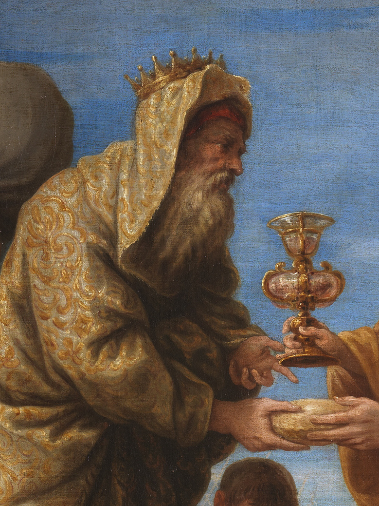 Figura coroada oferece pão e cálice em detalhe da pintura 'Abraão e Melquisedeque', de Juan Antonio de Frías y Escalante, 1668.