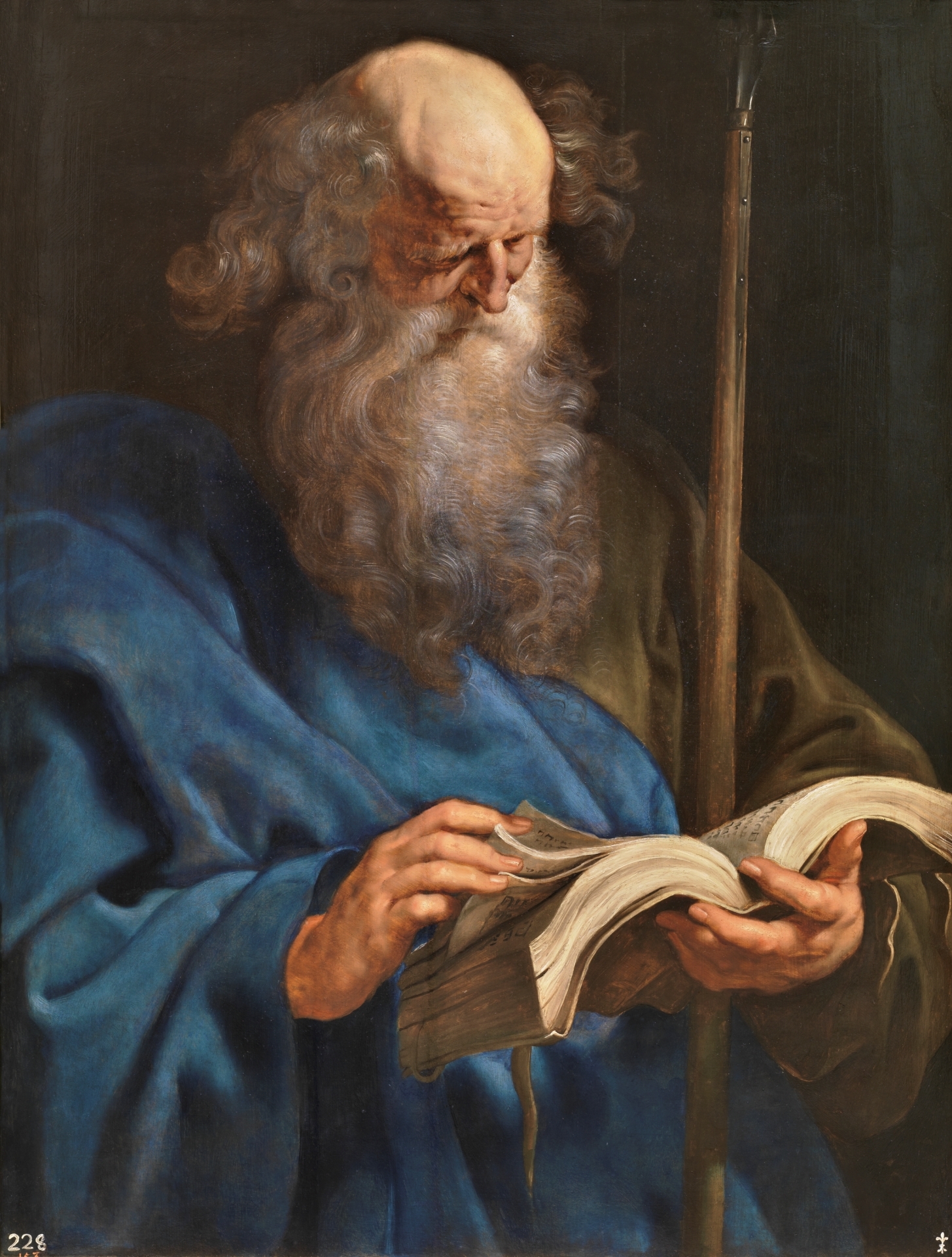 São Tomé segurando livro e lança, atributos do apóstolo, em pintura de Peter Paul Rubens de 1610-1612.