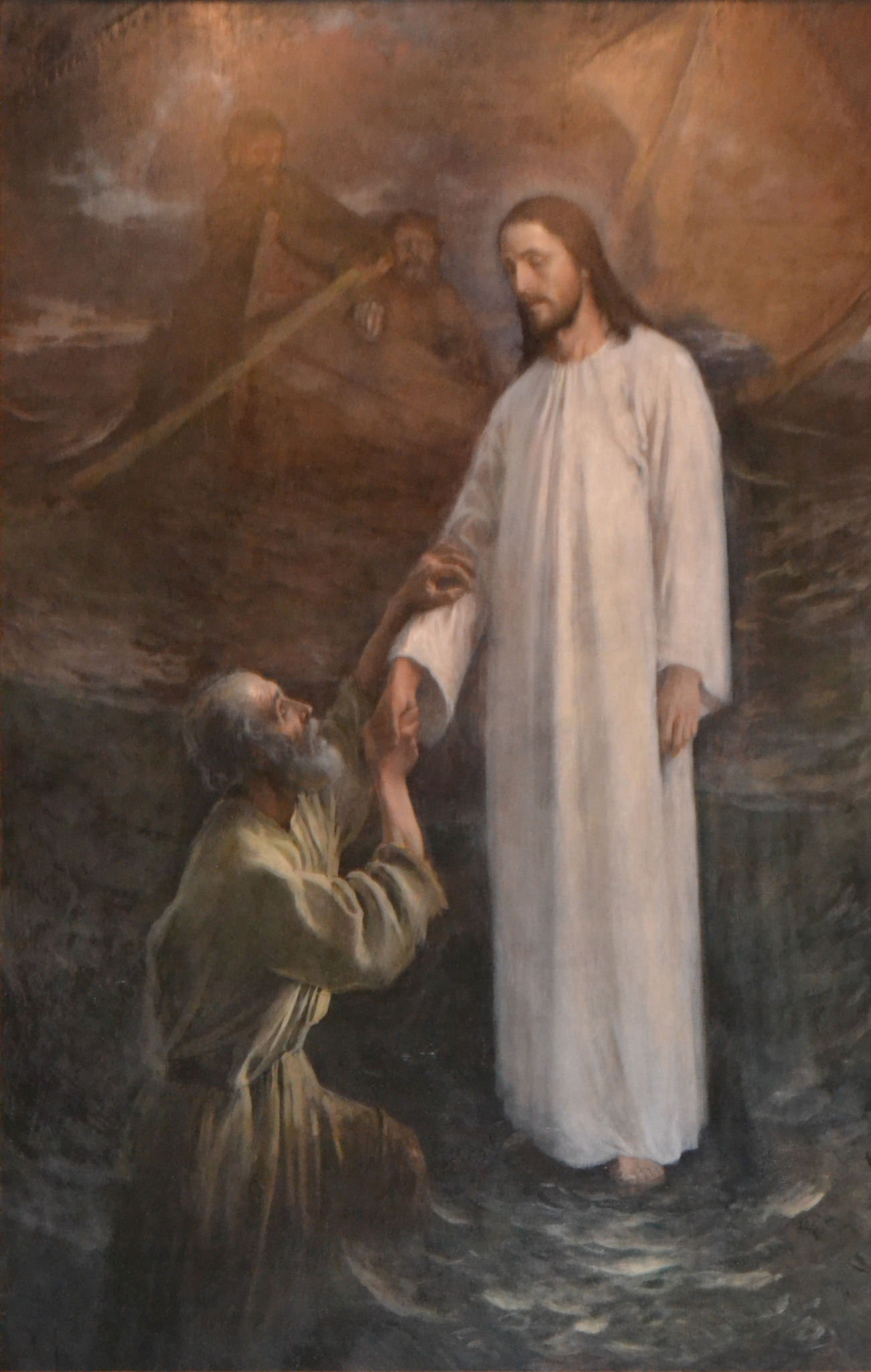 Pedro ajoelhado diante de Jesus sobre as águas, em pintura de Eero Järnefelt, 1892.