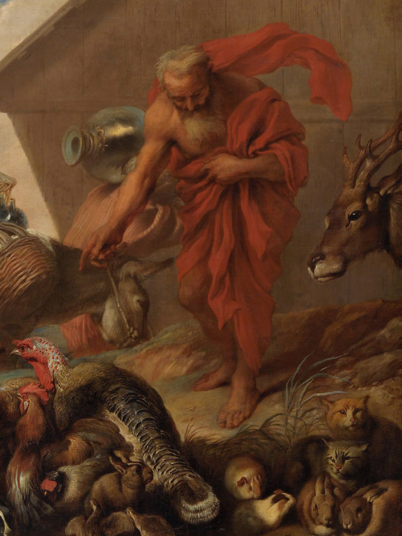Figura idosa cercada de animais diante de uma grande estrutura de madeira, em óleo de Castiglione, 1650.