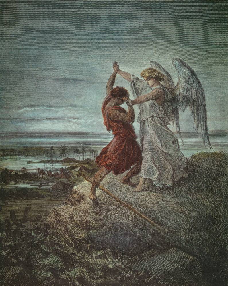 Jacó luta com um anjo ao amanhecer, em gravura de Gustave Doré, 1855.