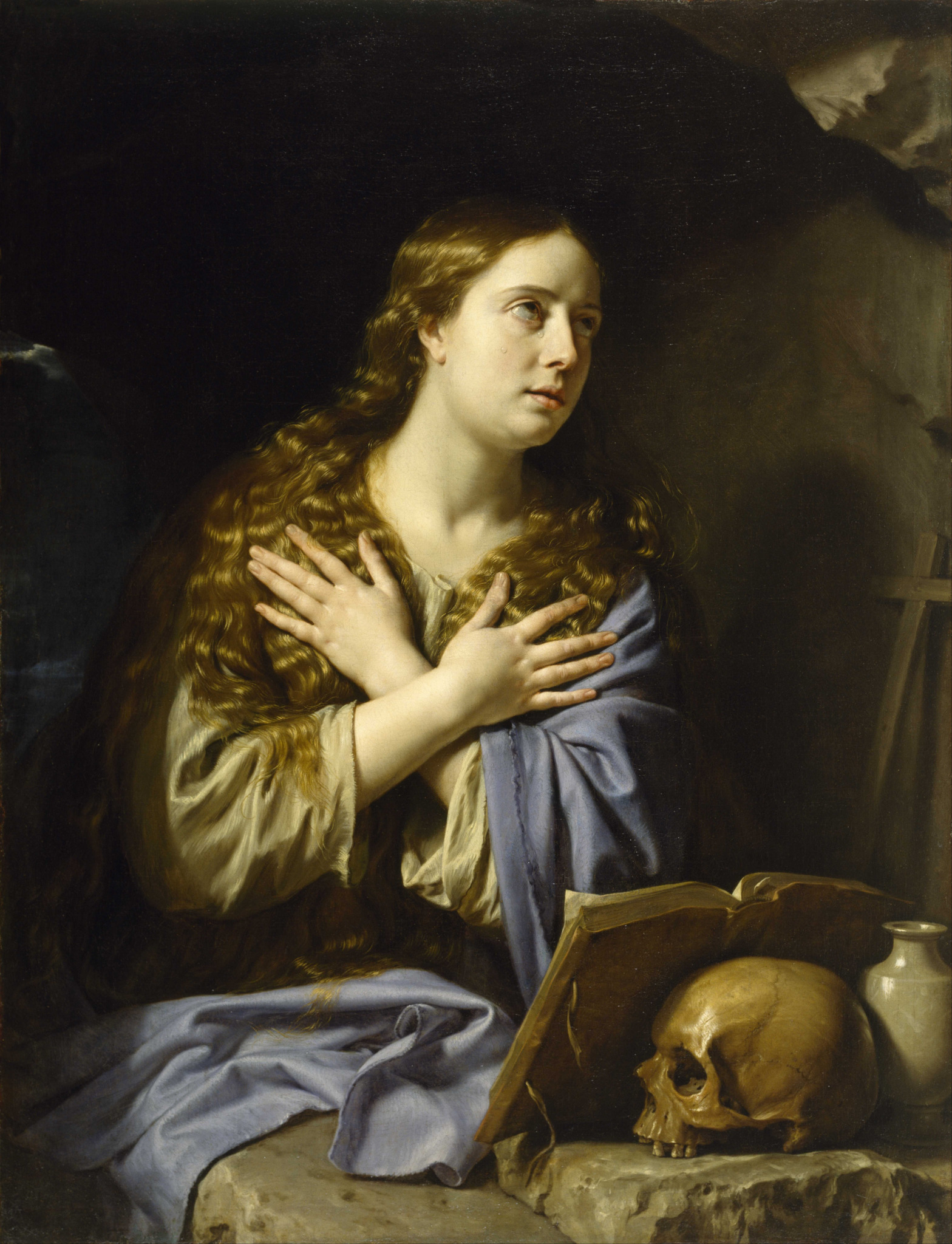 Maria Madalena em atitude de penitência, com crânio e livro ao lado, em pintura de Philippe de Champaigne, 1648.