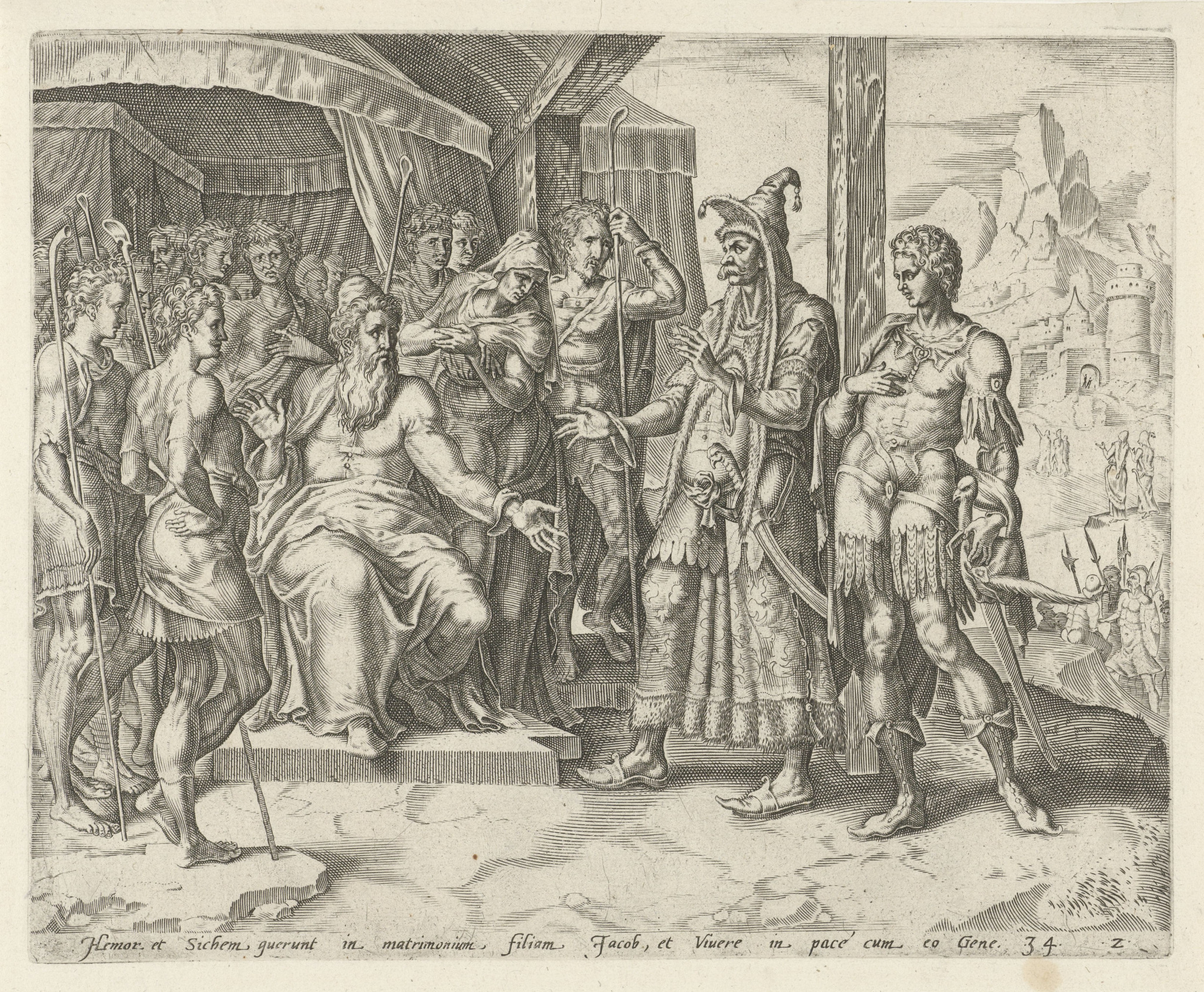 Hamor e Siquém pedem a mão de Diná a Jacó, em gravura holandesa do século XVI (Gênesis 34).