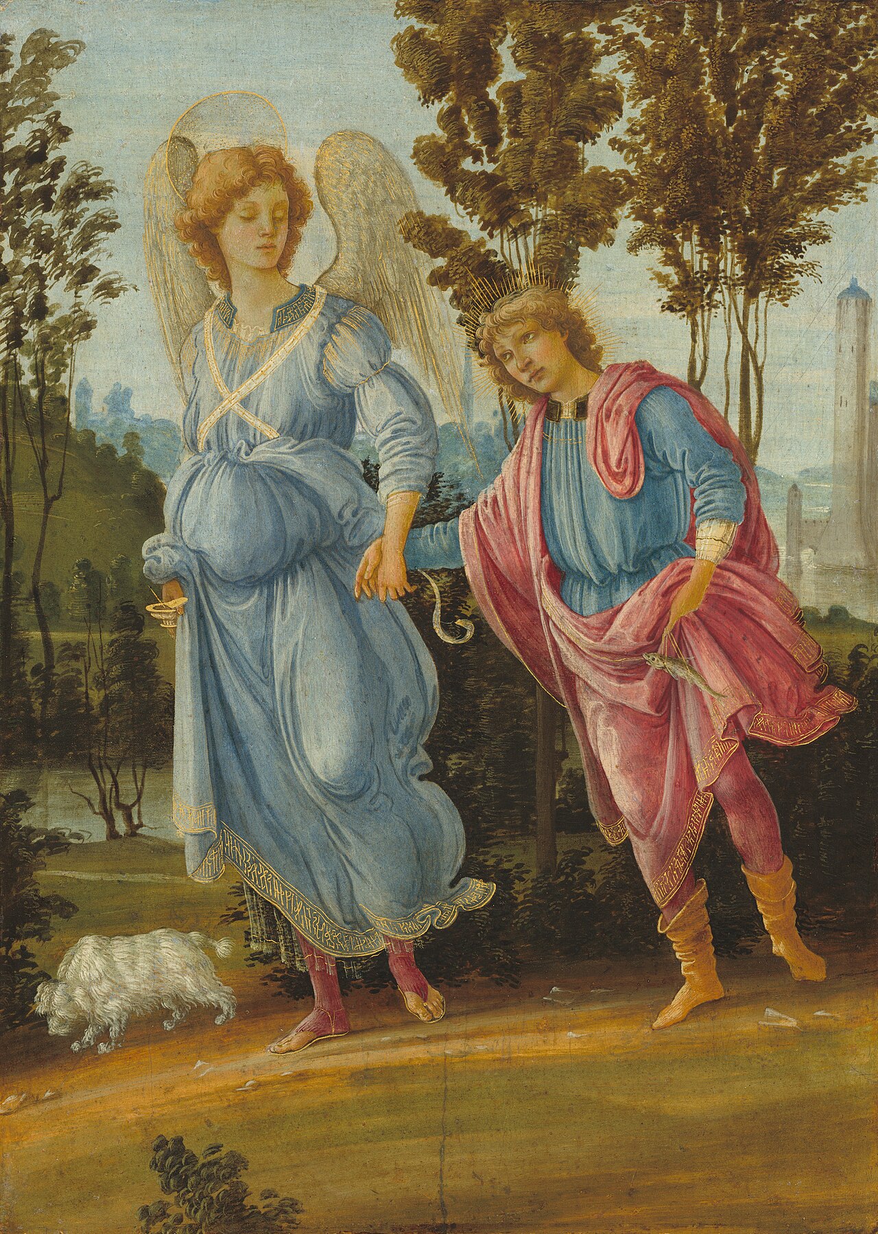 Tobias caminha ao lado do anjo Rafael, em pintura de Filippino Lippi do século XV, cena do livro bíblico de Tobias.