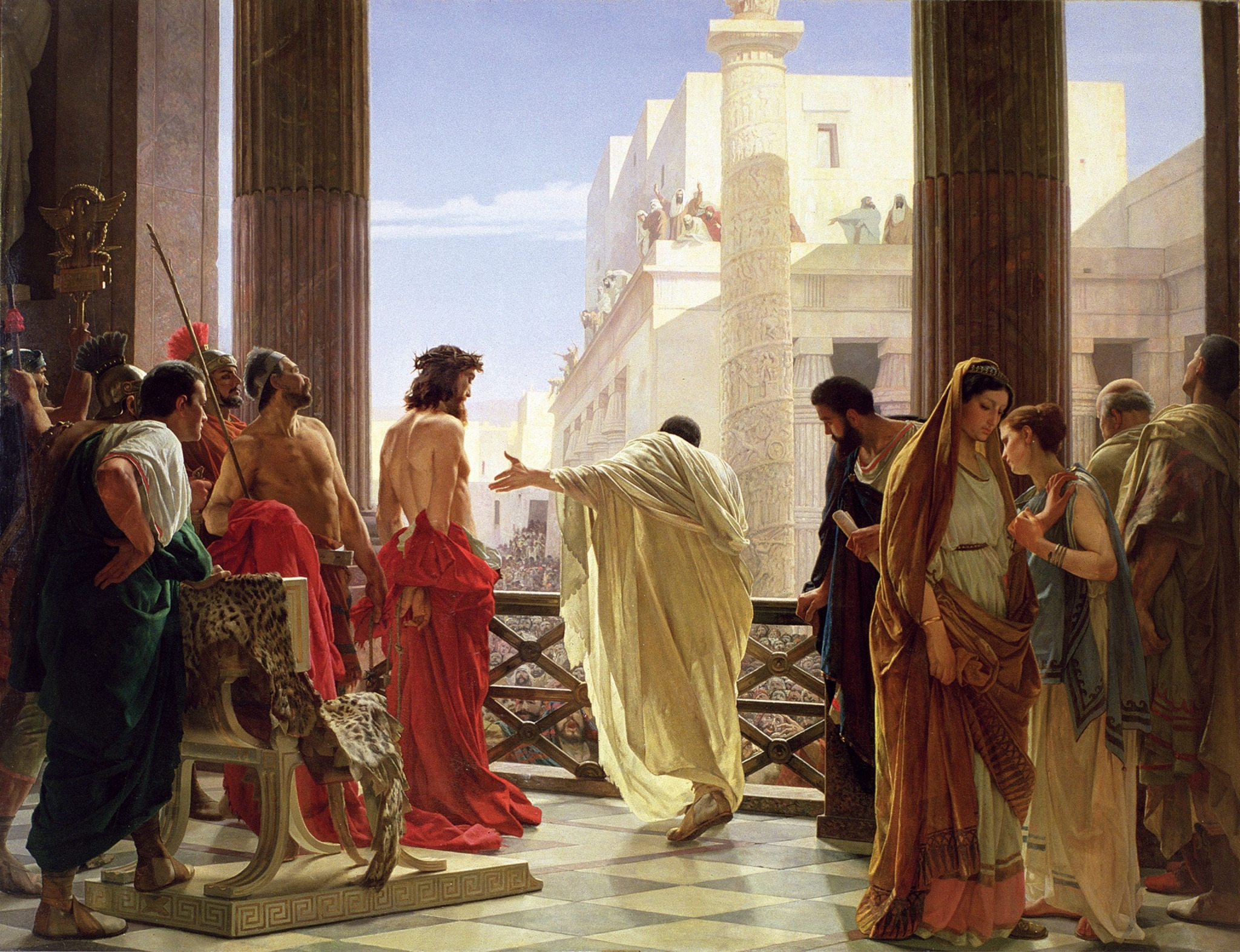 Pilatos apresenta Jesus à multidão em varanda, na pintura 'Ecce Homo' de Antonio Ciseri, século XIX.
