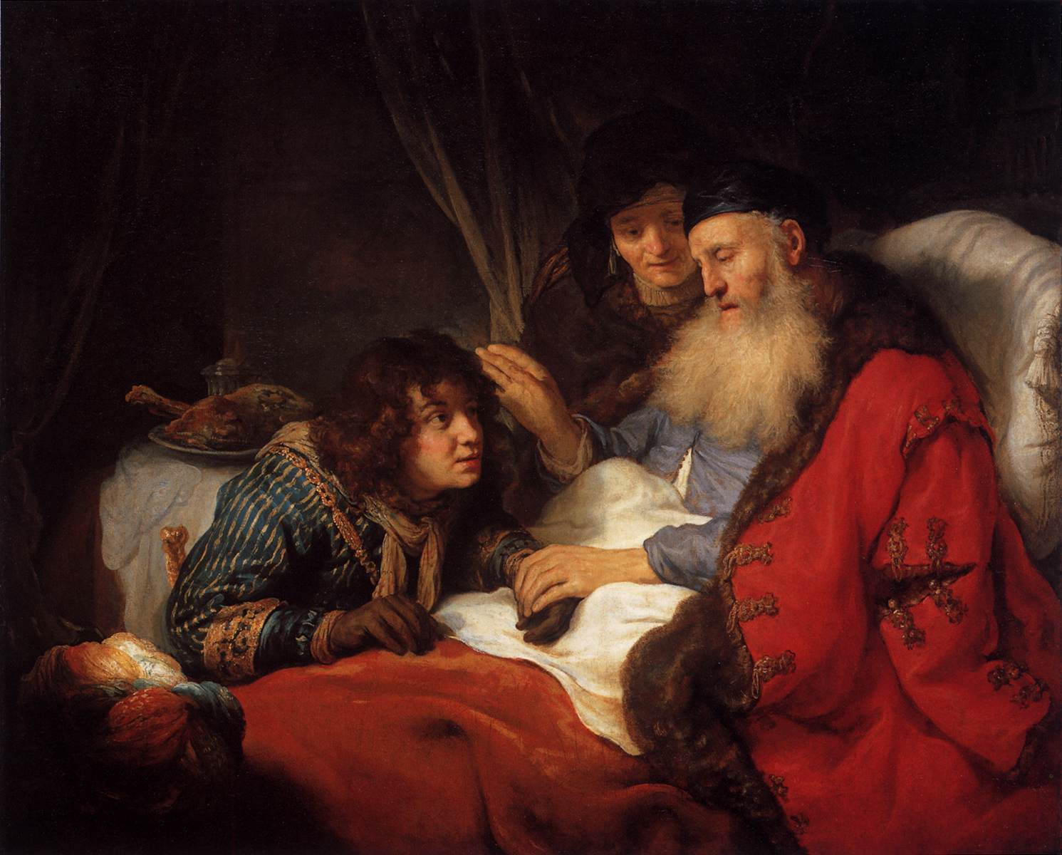 Isaque abençoa Jacó enquanto Rebeca observa ao fundo, em pintura de Govert Flinck, 1638.