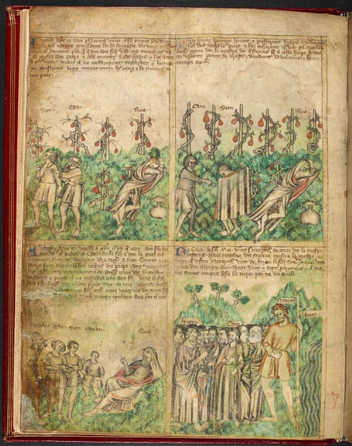 Cenas de Noé e seus filhos Sem, Cam e Jafé, em iluminura de manuscrito inglês do século XIV.