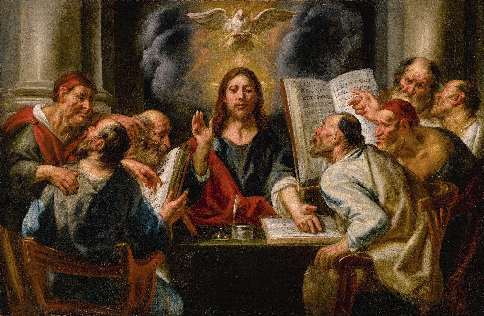 Jesus debatendo com escribas e fariseus ao redor de uma mesa, em pintura de Jacob Jordaens do século XVII.