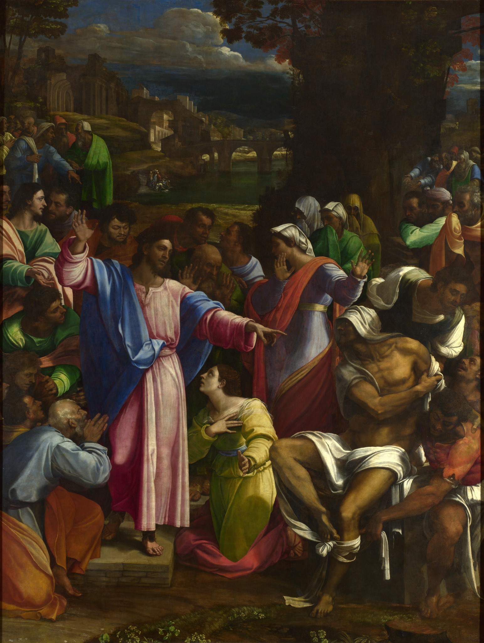 A ressurreição de Lázaro, em pintura de Sebastiano del Piombo (c. 1517–1519): Jesus aponta para o ressuscitado envolto em mortalha, rodeado por multidão.