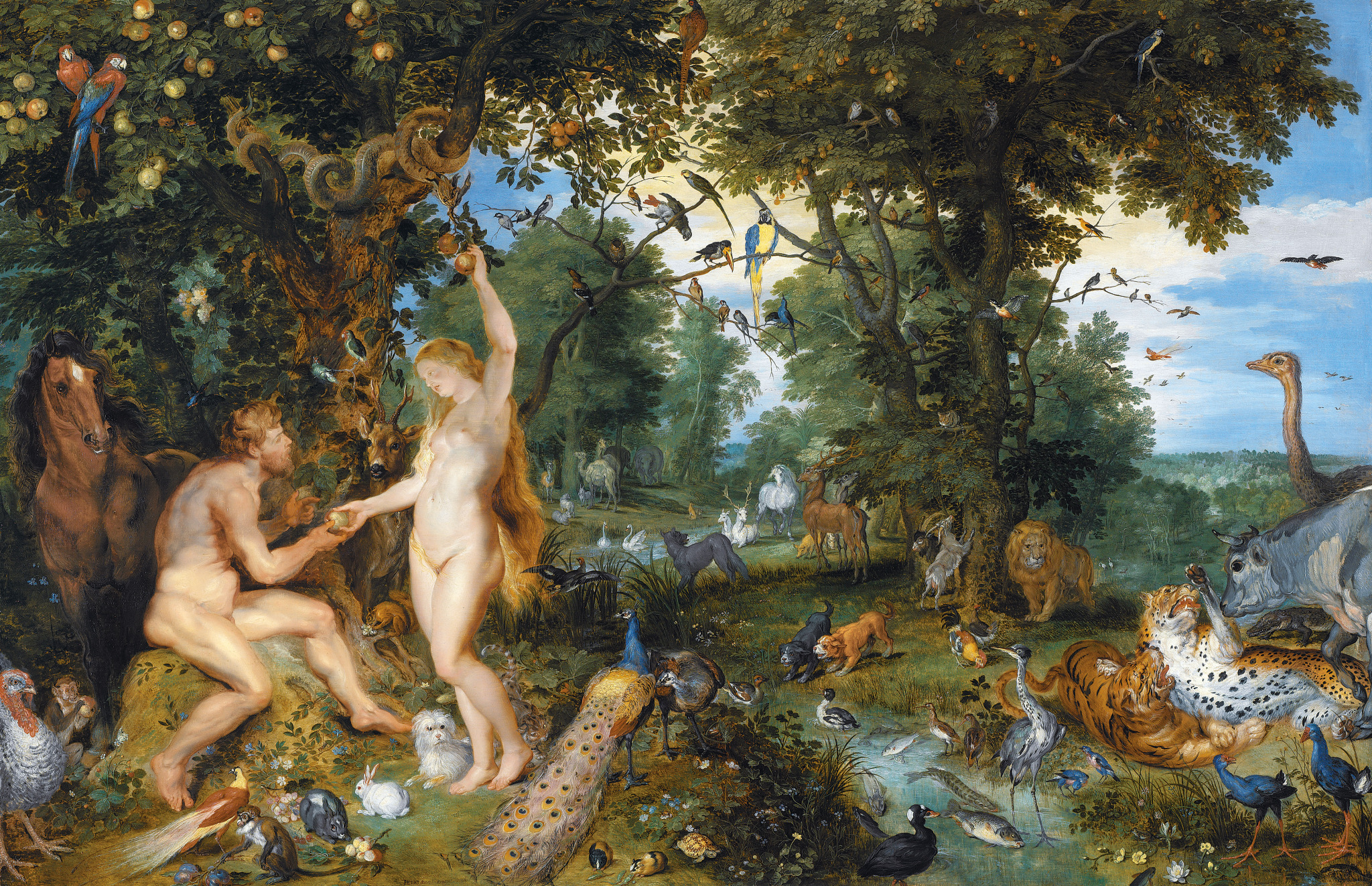 Adão e Eva no jardim do Éden rodeados de animais, em pintura barroca de Rubens e Jan Brueghel, o Velho, 1615.