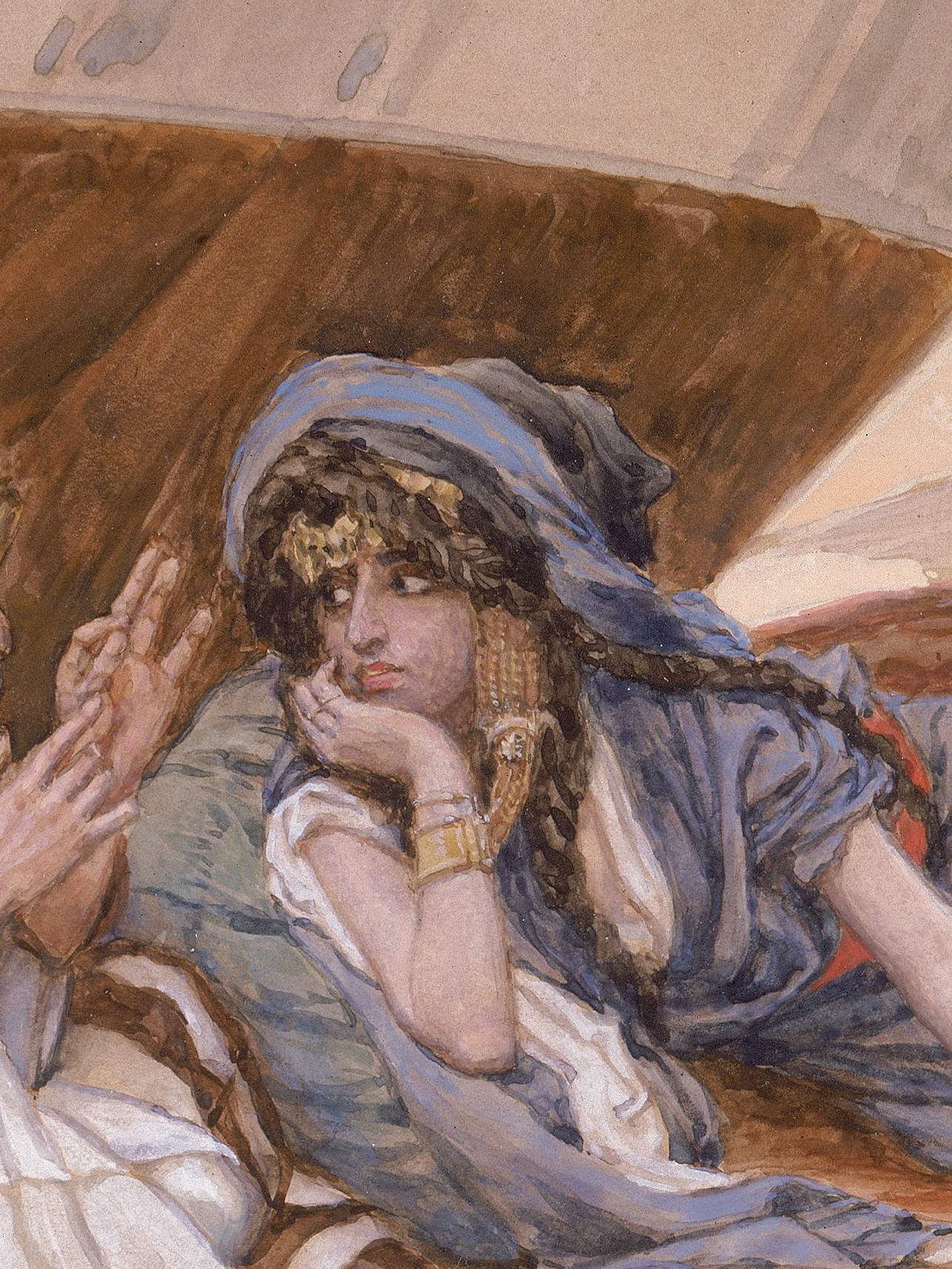 Sarai escuta Abrão em uma tenda, em aquarela de James Tissot sobre a narrativa do Gênesis, c. 1896-1902.
