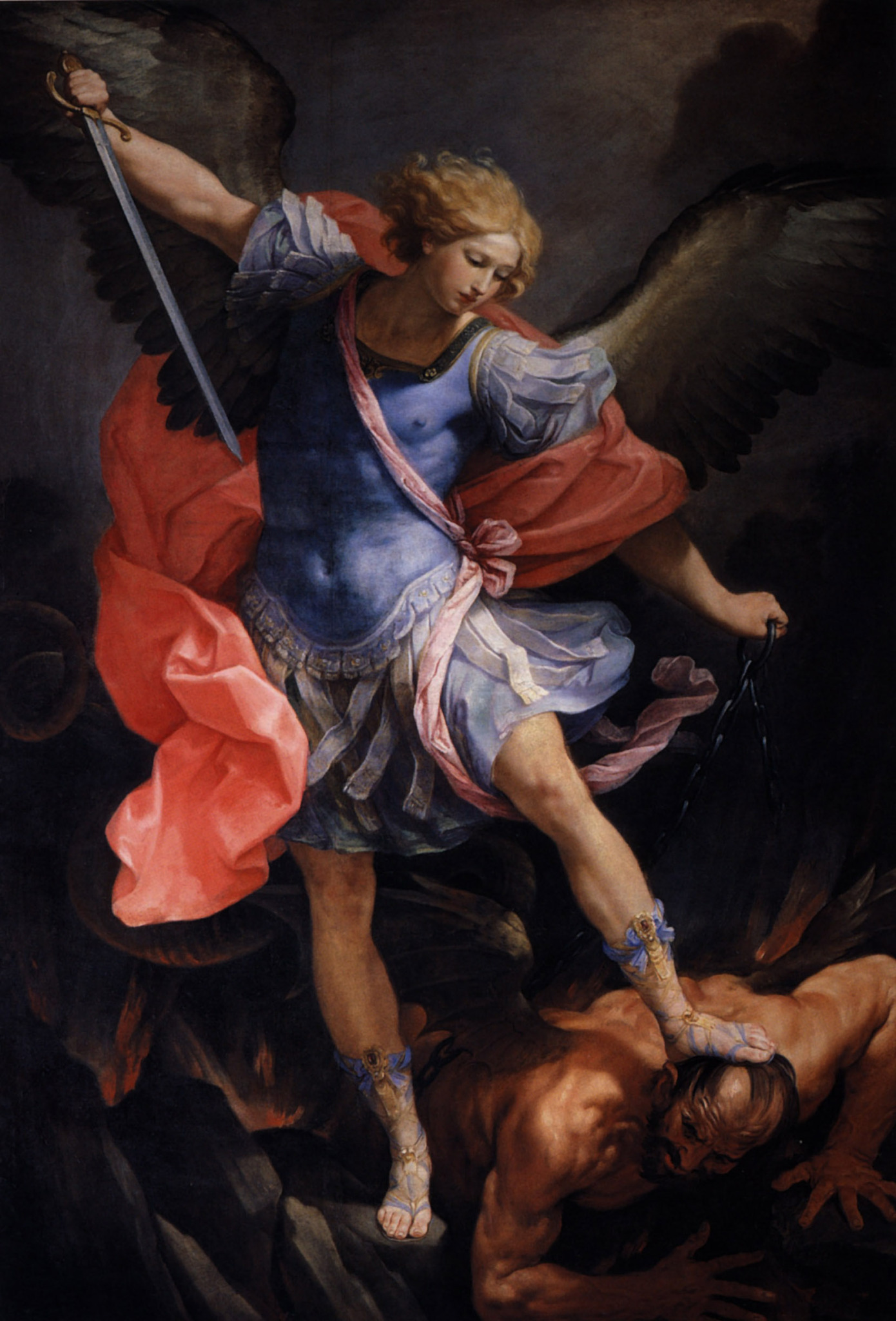 Arcanjo Miguel derrota Satanás, em pintura de Guido Reni do século XVII, representando anjos como guerreiros celestiais.