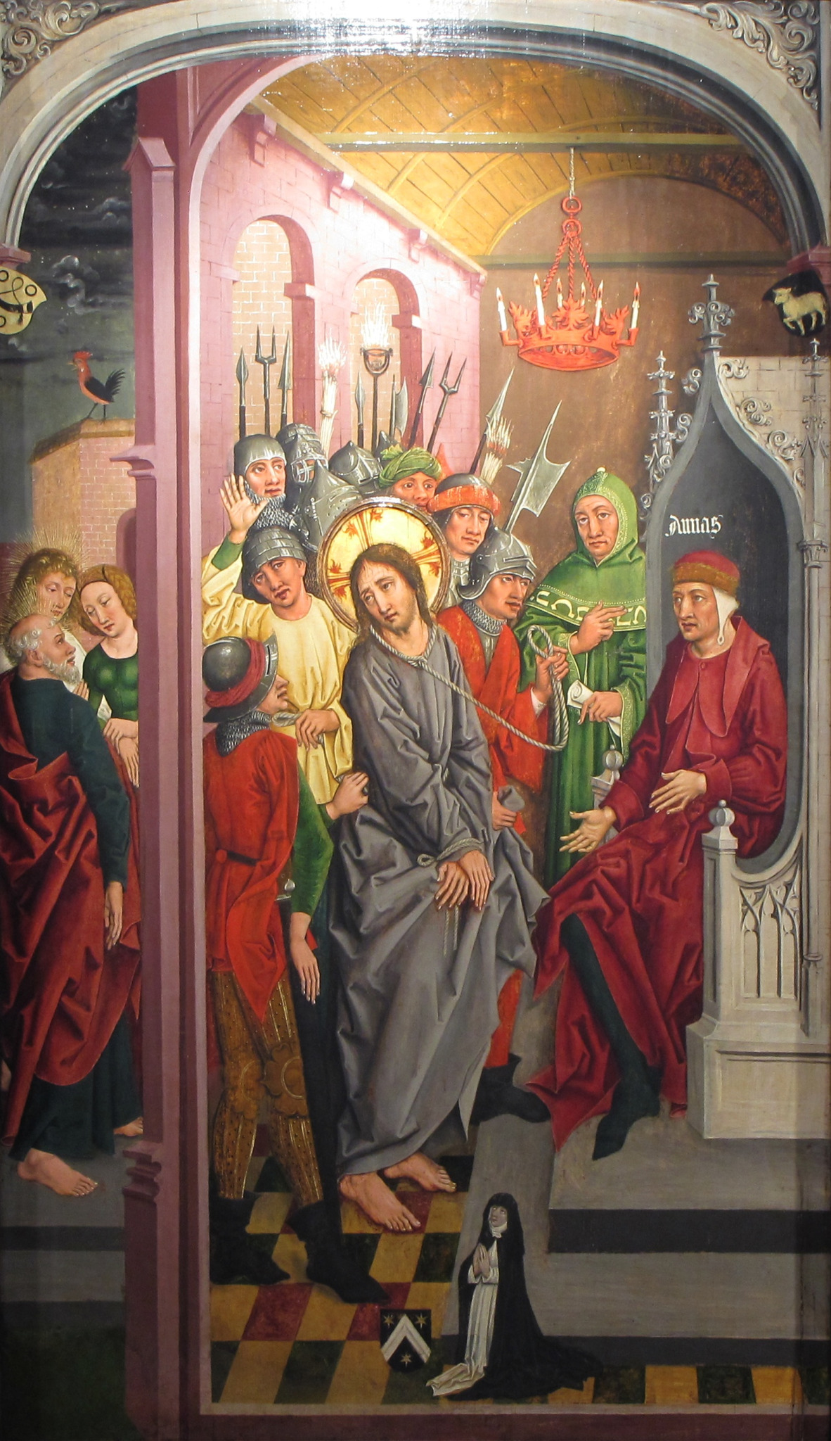 Jesus apresentado ao sumo sacerdote Anás, com o nome inscrito na obra, em painel do Ciclo da Paixão de Heinrich Lutzelmann, 1485.