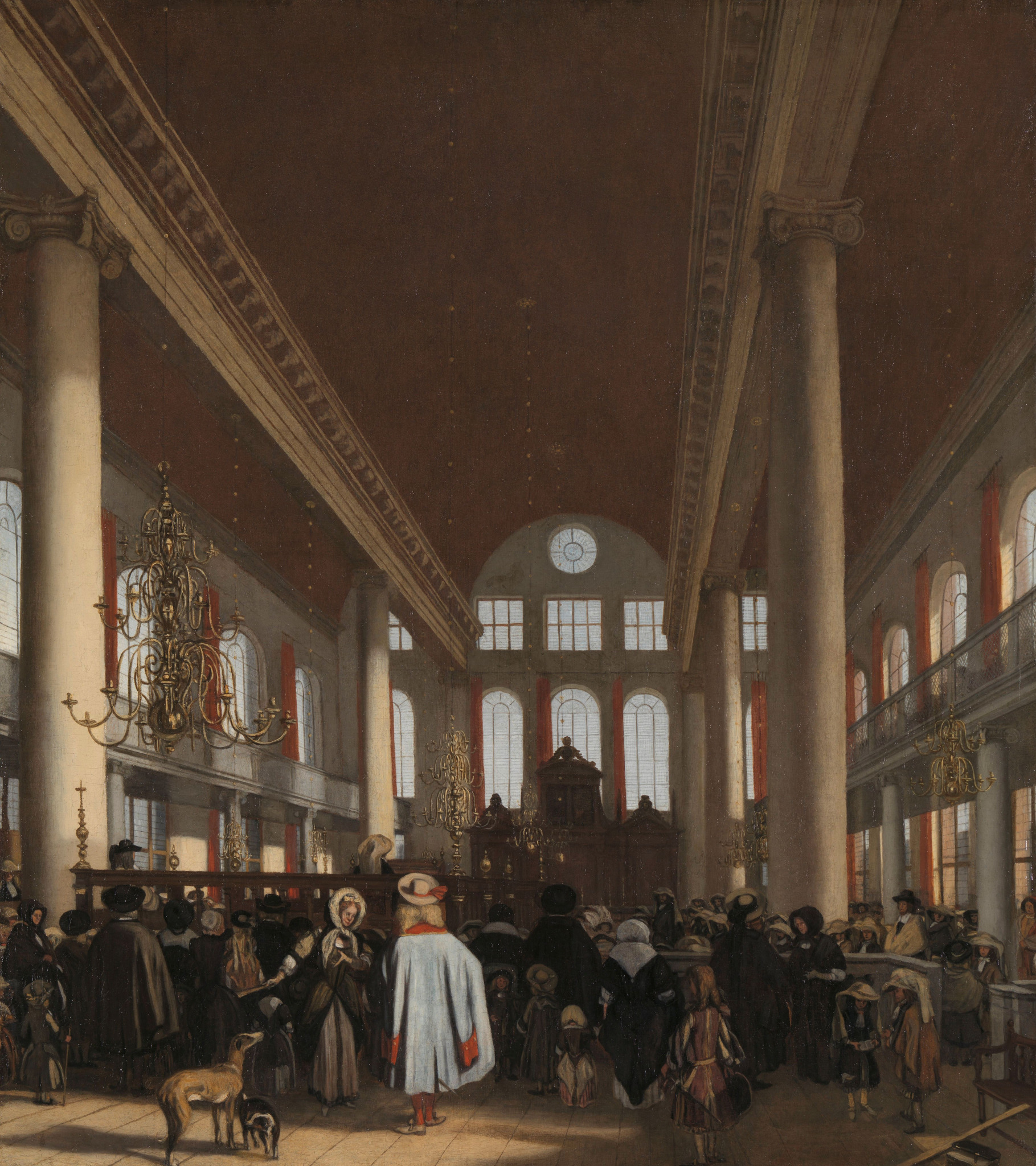 Interior da Sinagoga Portuguesa de Amsterdã com fiéis reunidos, em pintura de Emanuel de Witte, século XVII.