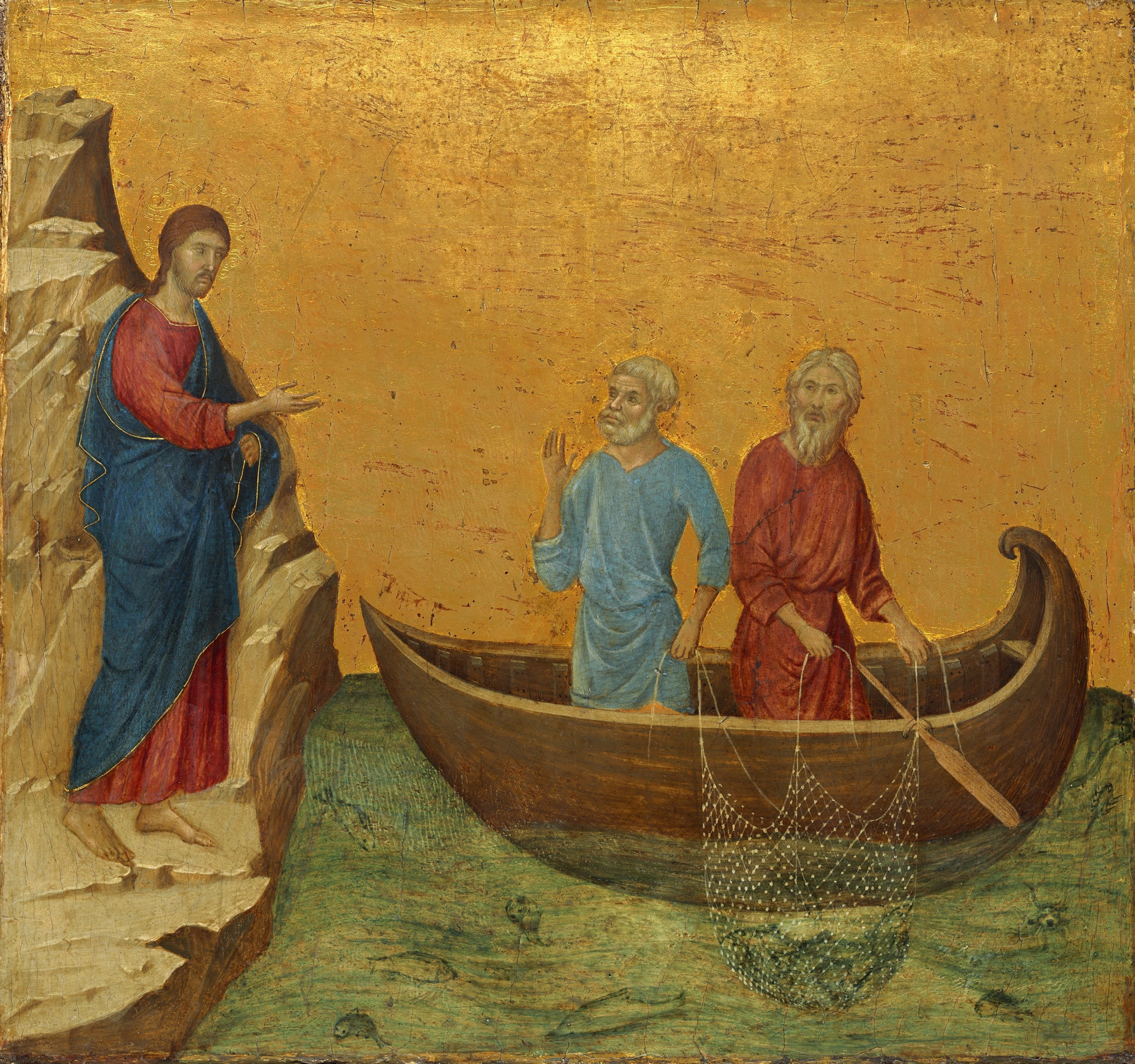 Jesus chama Pedro e André enquanto pescam, em painel de Duccio di Buoninsegna do século XIV.