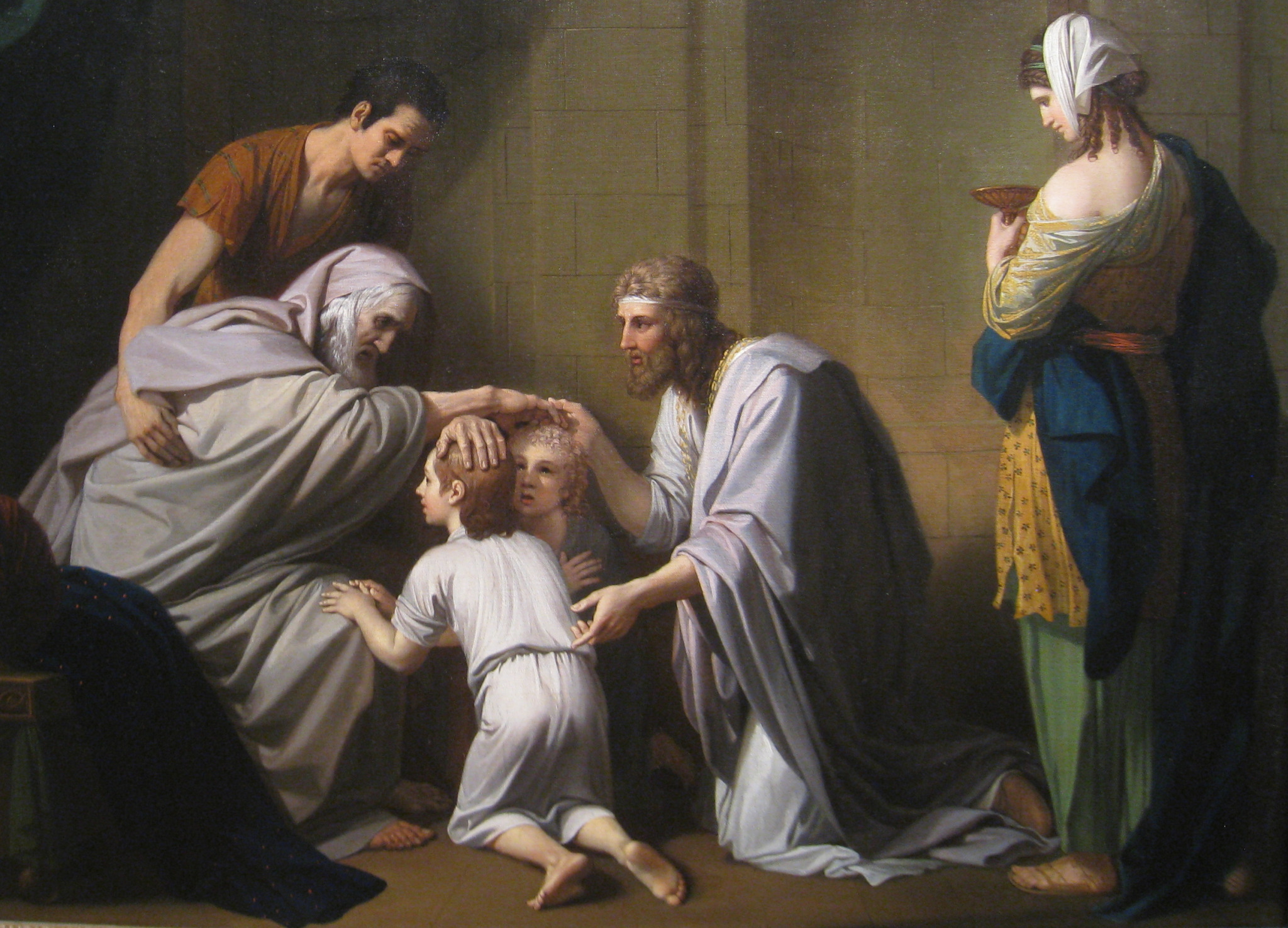 Jacó abençoa os netos Efraim e Manassés, com José ao lado, em pintura de Benjamin West do século XVIII.