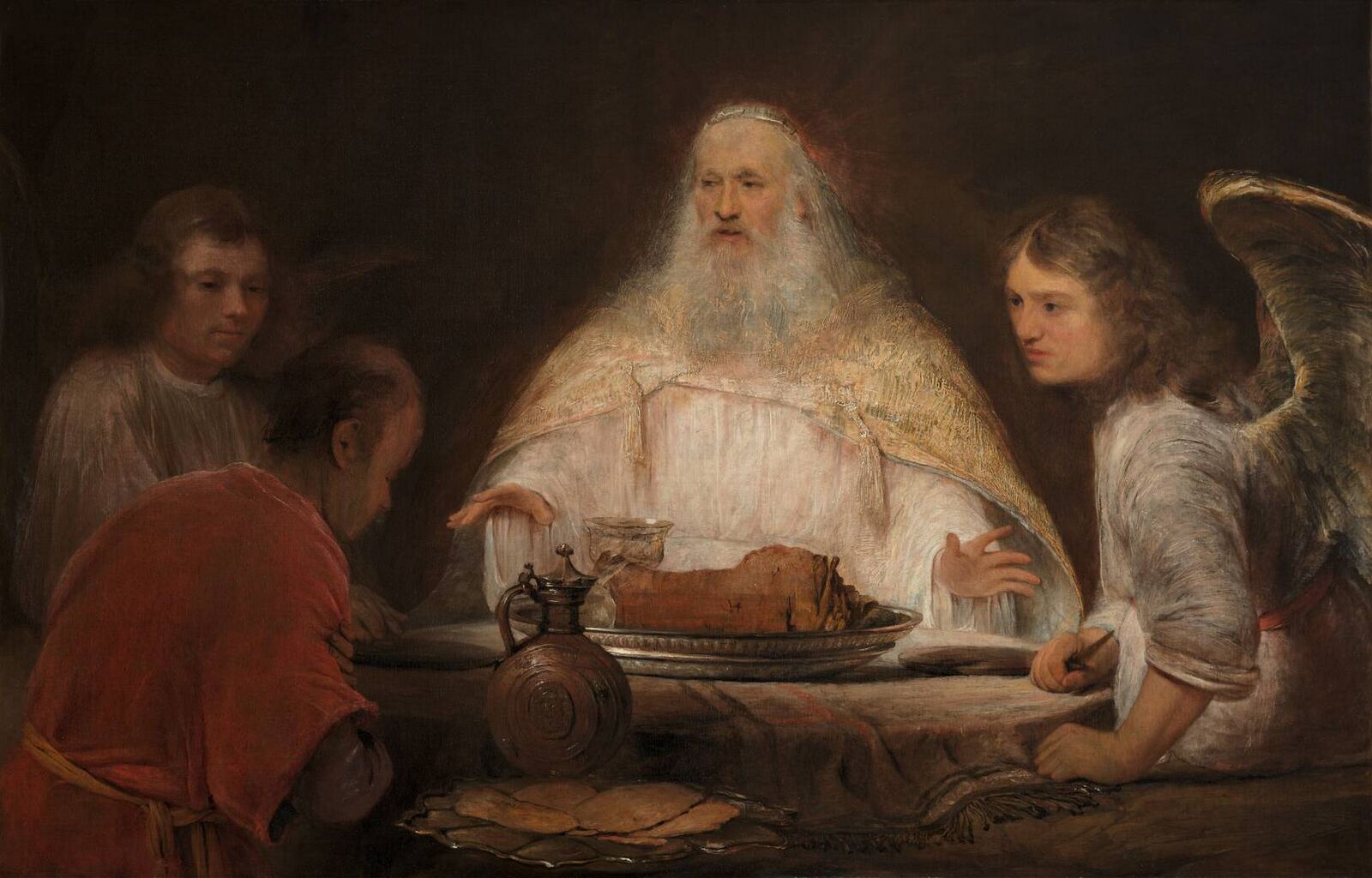 Abraão sentado à mesa com três anjos, em pintura barroca de Arent de Gelder, século XVII.