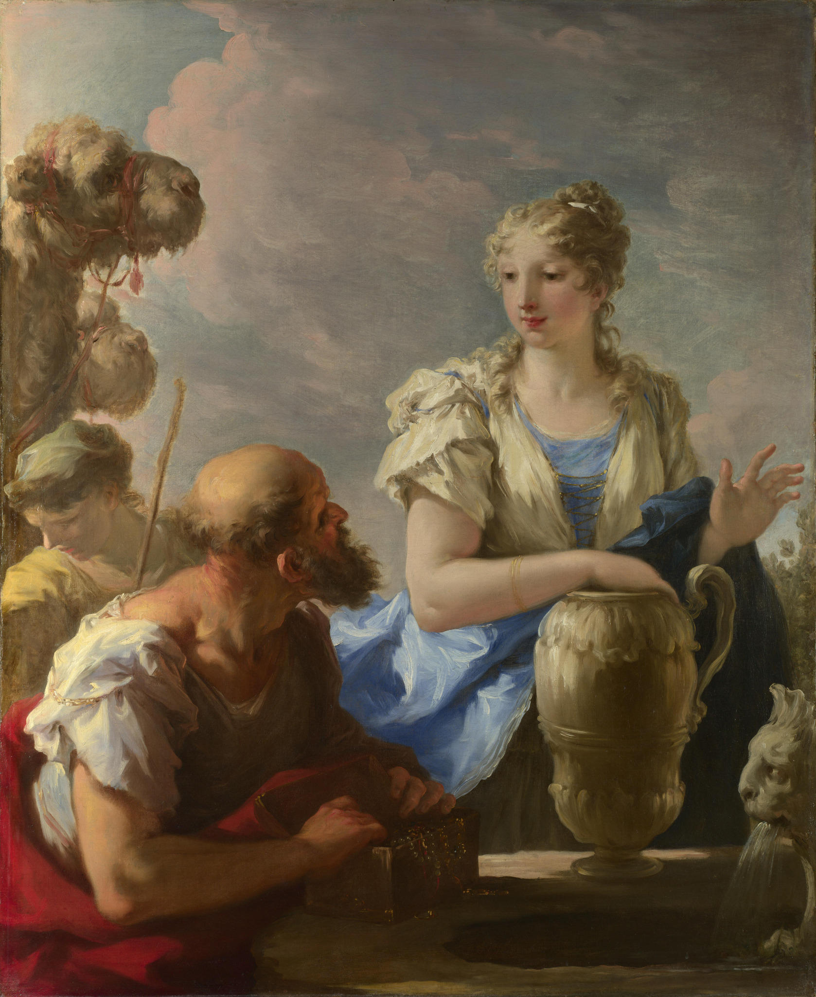 Rebeca junto ao poço conversa com o servo de Abraão, em pintura de Giovanni Antonio Pellegrini, início do século XVIII.