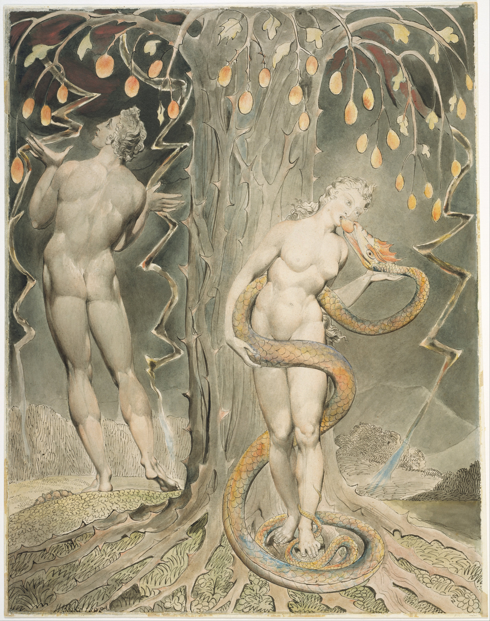 A serpente enrolada em Eva junto à árvore proibida, em aquarela de William Blake, 1808.