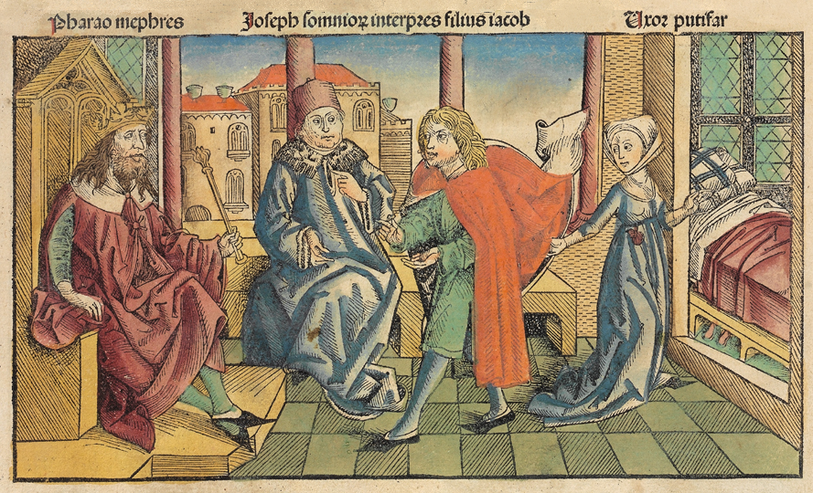 Ilustração medieval de 1493 mostra Potifar, José e o Faraó em cena da Crônica de Nuremberg.