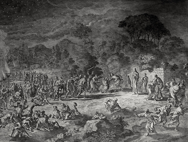 Pedro cortando a orelha de Malco durante a prisão de Jesus, em gravura de Jan Luyken, século XVII–XVIII.