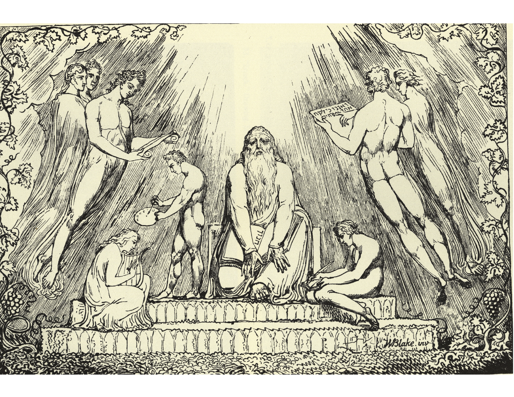 Enoque cercado por figuras celestiais, em litografia de William Blake, 1807, representando o patriarca bíblico.