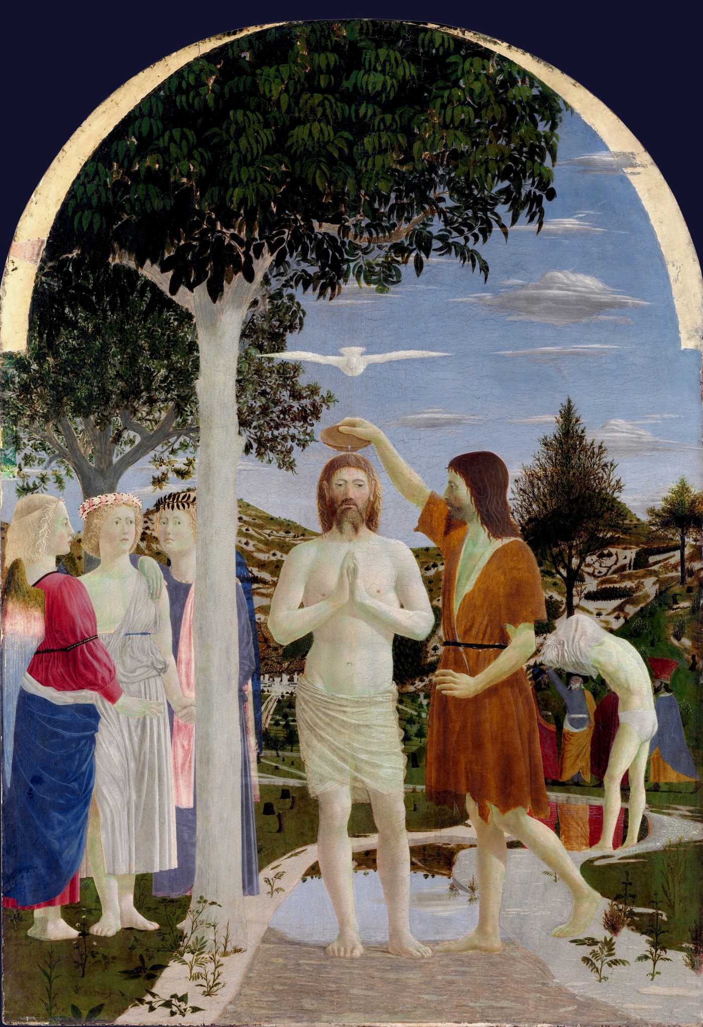 O batismo de Jesus por João Batista, com pomba ao alto, em pintura de Piero della Francesca, anos 1450.
