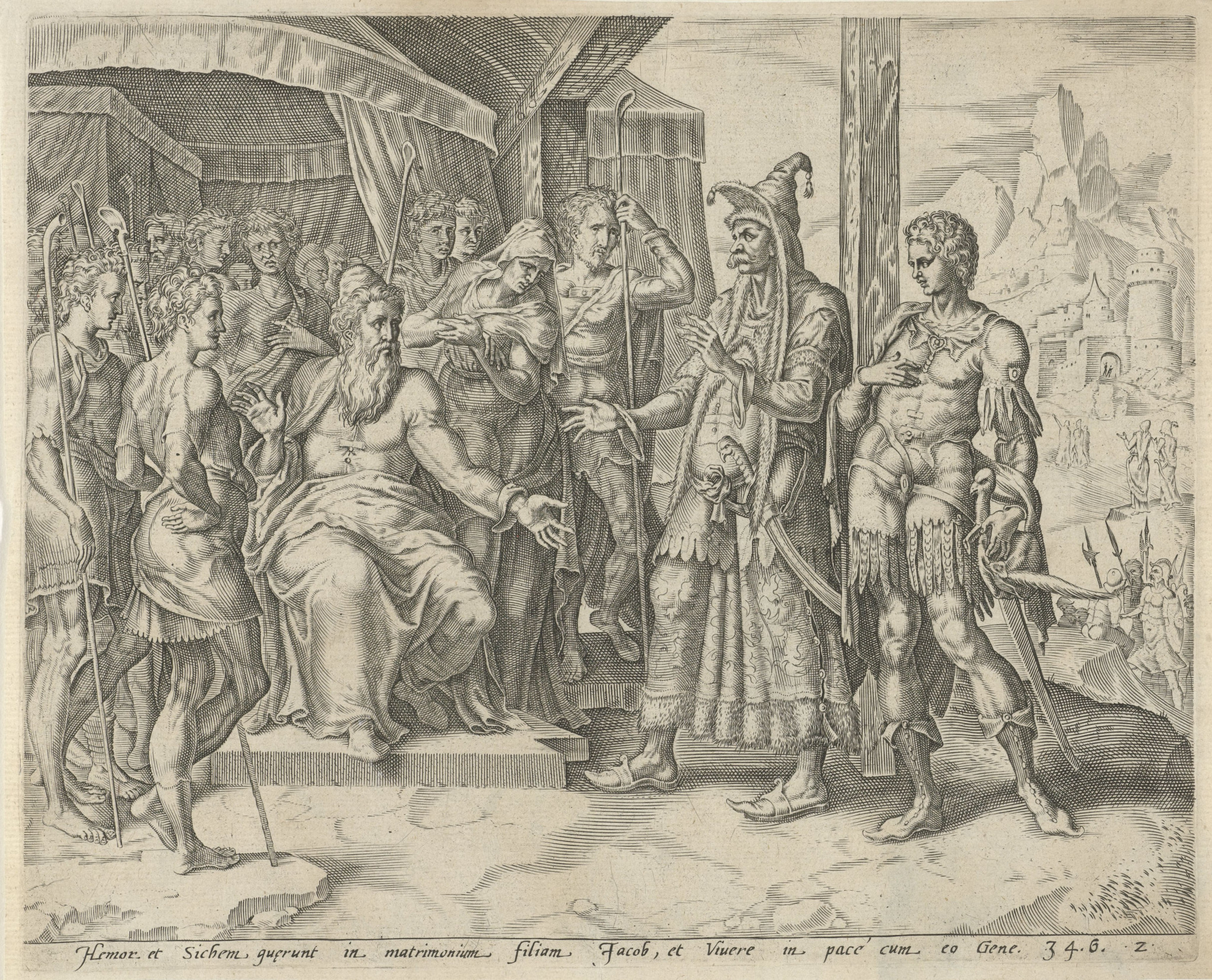 Hamor e Siquém negociam com Jacó o casamento de Diná, em gravura do século XVI baseada em Gênesis 34.