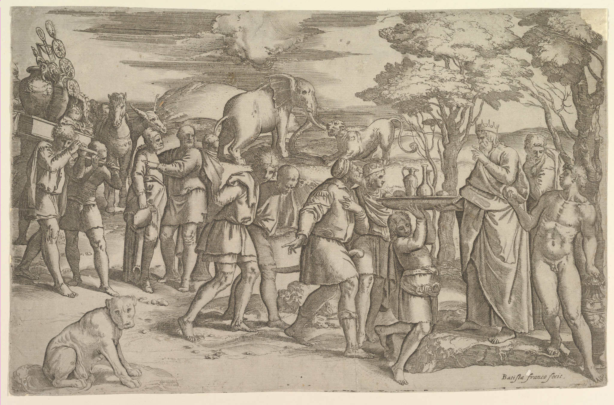 Melquisedeque oferece pão e vinho a Abraão após a batalha, em gravura de Battista Franco Veneziano, cerca de 1547.