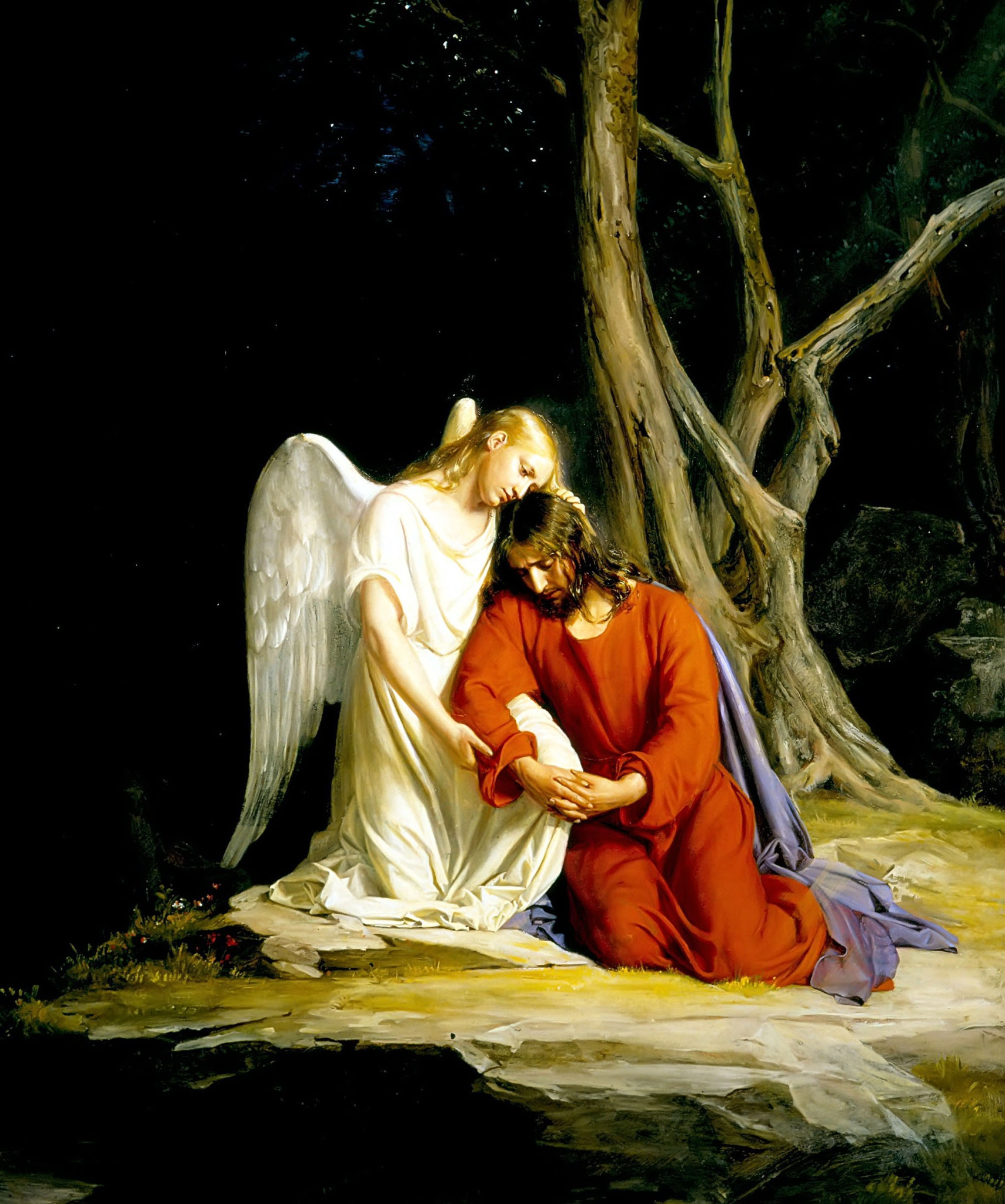 Um anjo ampara figura ajoelhada no Jardão de Getsêmani, em pintura de Carl Bloch de 1873, ilustrando anjos como protetores.