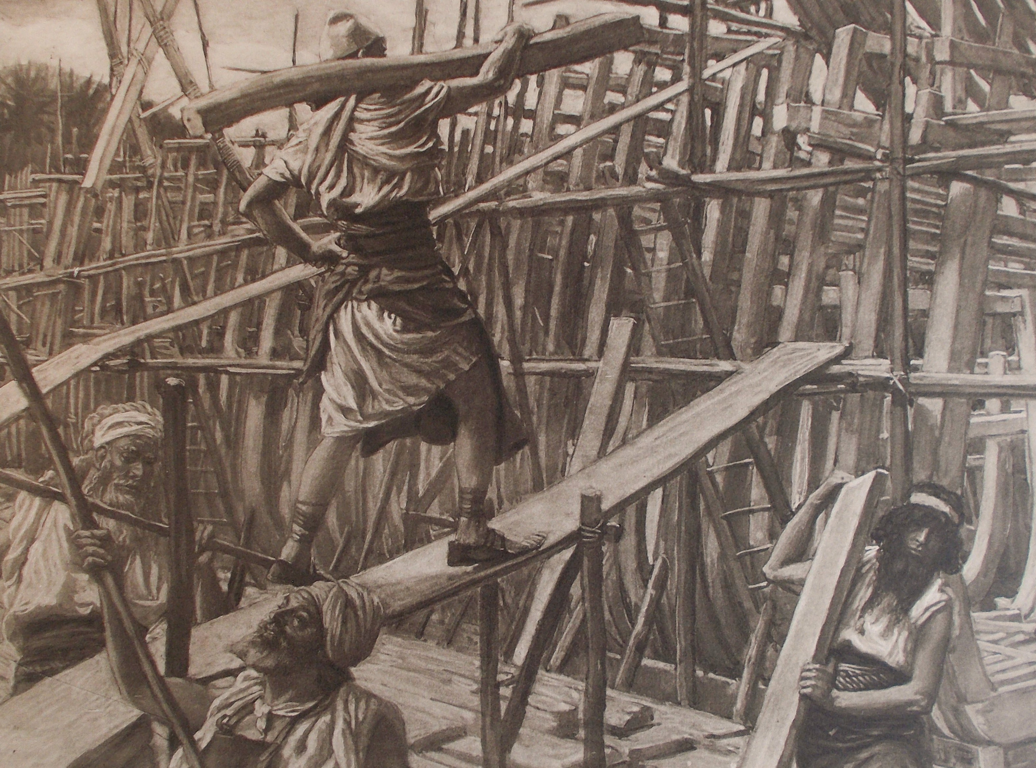 Construção da arca de Noé, em ilustração de James Tissot (fins do século XIX), mostrando trabalhadores erguendo a embarcação bíblica.