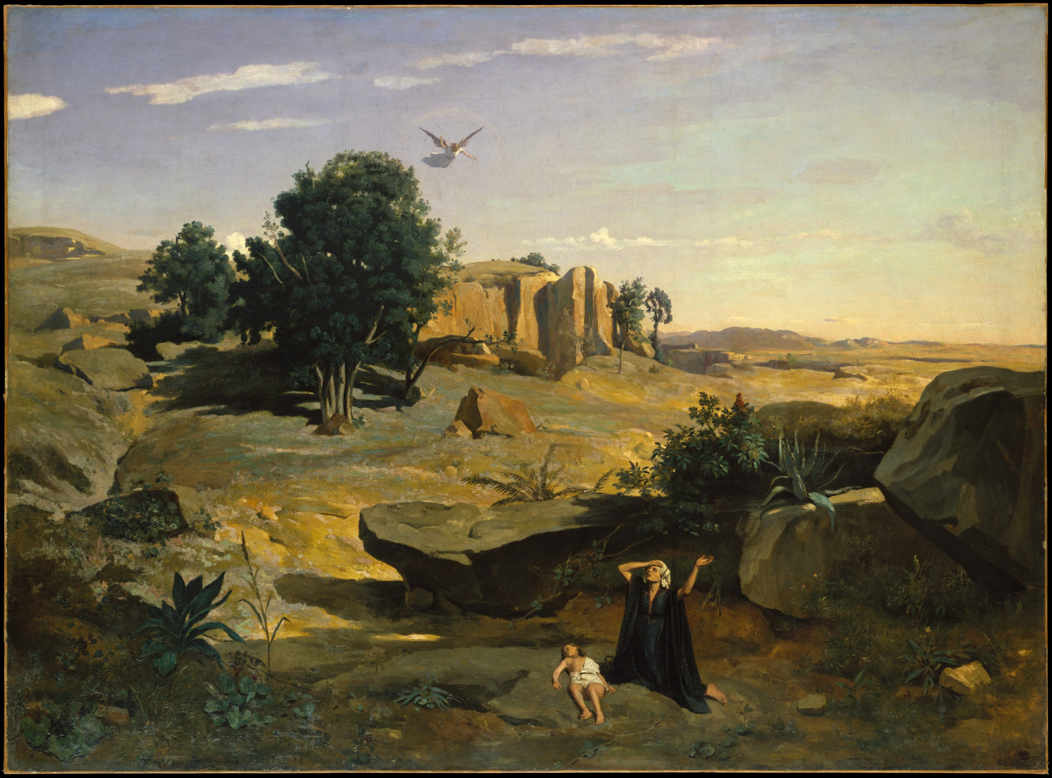 Agar e Ismael no deserto com anjo ao fundo, em paisagem pintada por Jean-Baptiste Camille Corot, 1835.