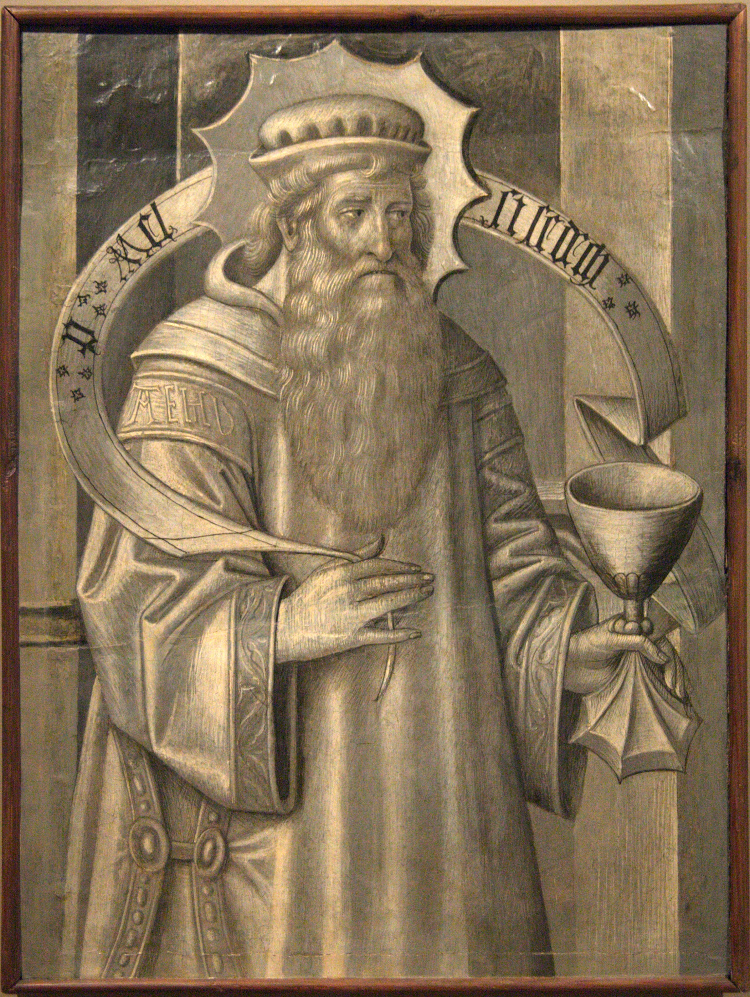 Melquisedeque representado com coroa e cálice, em painel gótico catalão do século XV atribuído a Jaume Huguet.