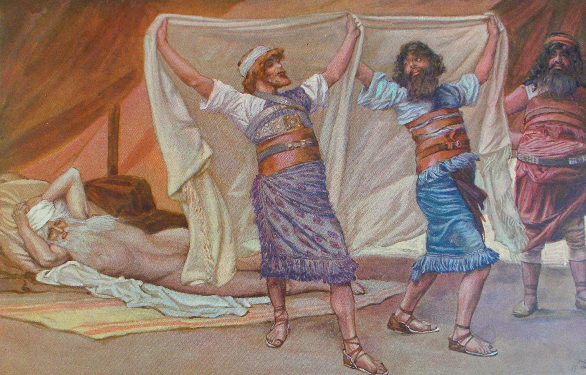 Dois filhos de Noé cobrem o pai com um manto, em pintura de James Tissot inspirada em Gênesis 9:23.