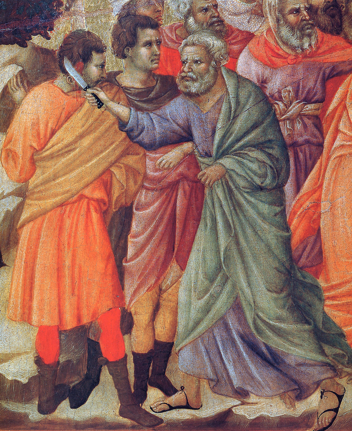 Pedro segurando uma faca diante do servo do sumo sacerdote, em painel de Duccio di Buoninsegna, século XIII–XIV.