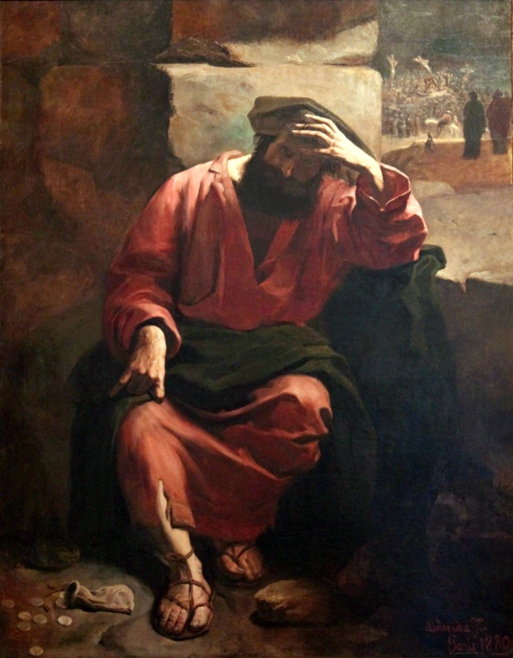 Figura masculina abatida segura a cabeça com moedas espalhadas ao chão, em pintura de Almeida Júnior sobre o remorso de Judas Iscariotes, 1880.