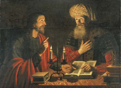 Jesus e Nicodemos em conversa noturna à luz de velas, em pintura do século XVII de Crijn Hendricksz Volmarijn.