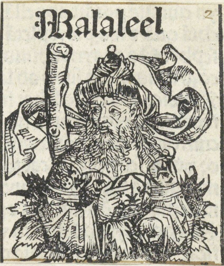 Retrato de Malaleel em xilogravura do 'Liber Chronicarum' (Crônicas de Nuremberg), obra alemã de 1493.