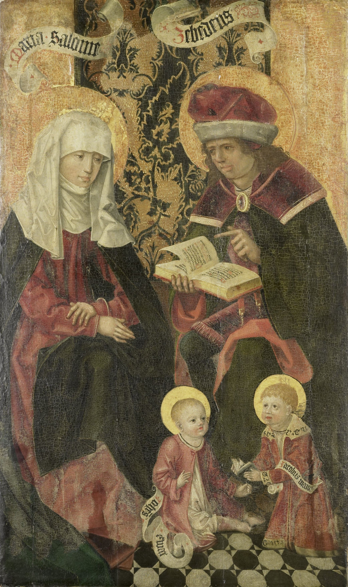 Maria Salomé e Zebedeu com os filhos João e Tiago crianças, em pintura do século XV com inscrições identificando os personagens.