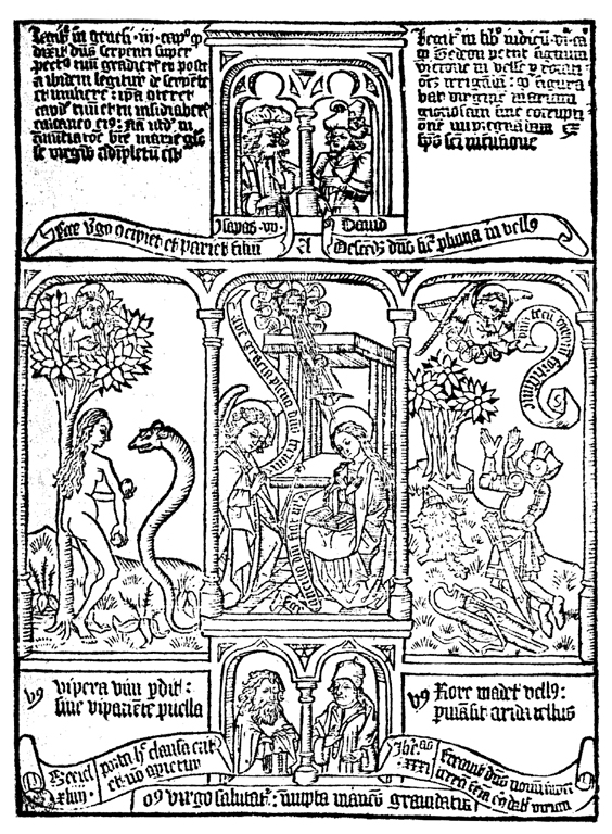 Eva diante da serpente no Jardim do Éden, em xilogravura medieval da Biblia Pauperum.