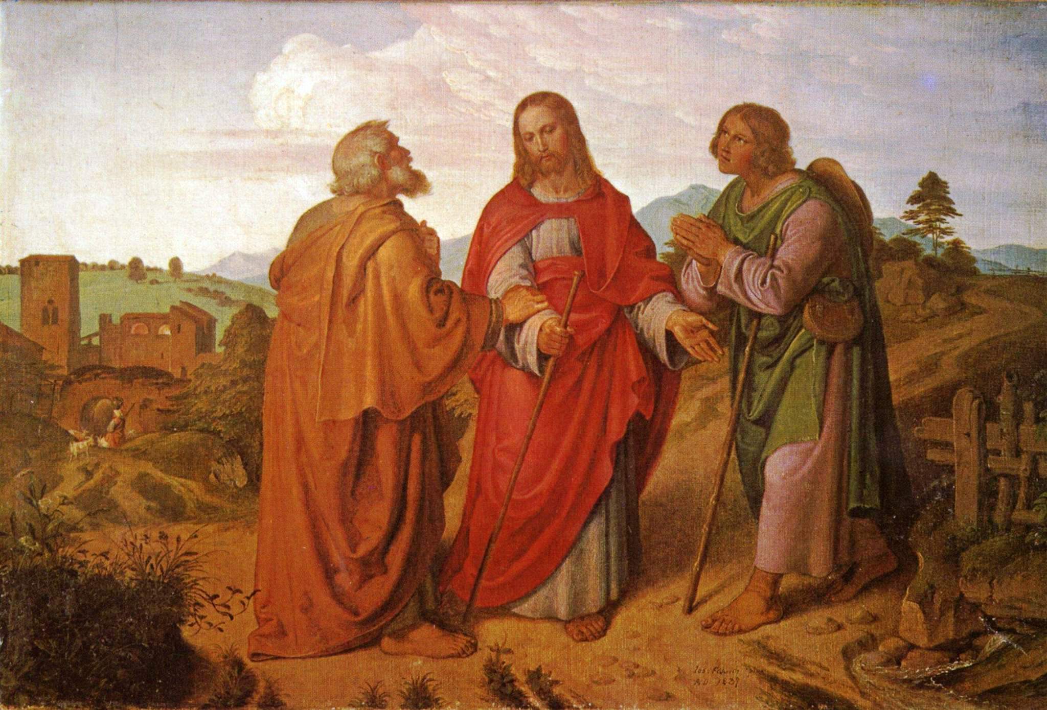 Jesus caminha com dois discípulos na estrada de Emaús, em pintura de Joseph von Führich, 1837.