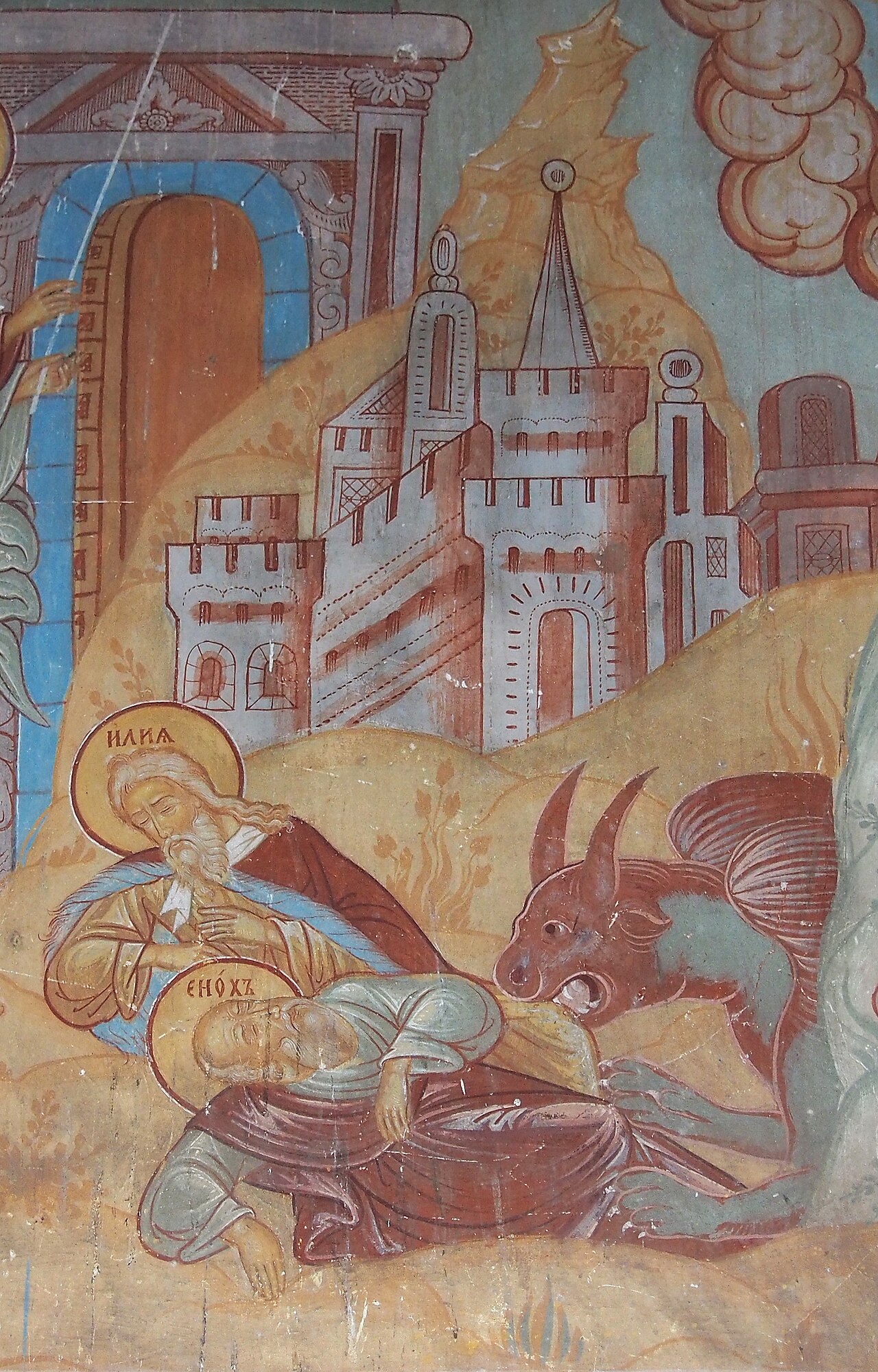 Afresco do século XVII na catedral de Romanov retratando os profetas Elias e Enoque em cena apocalíptica.