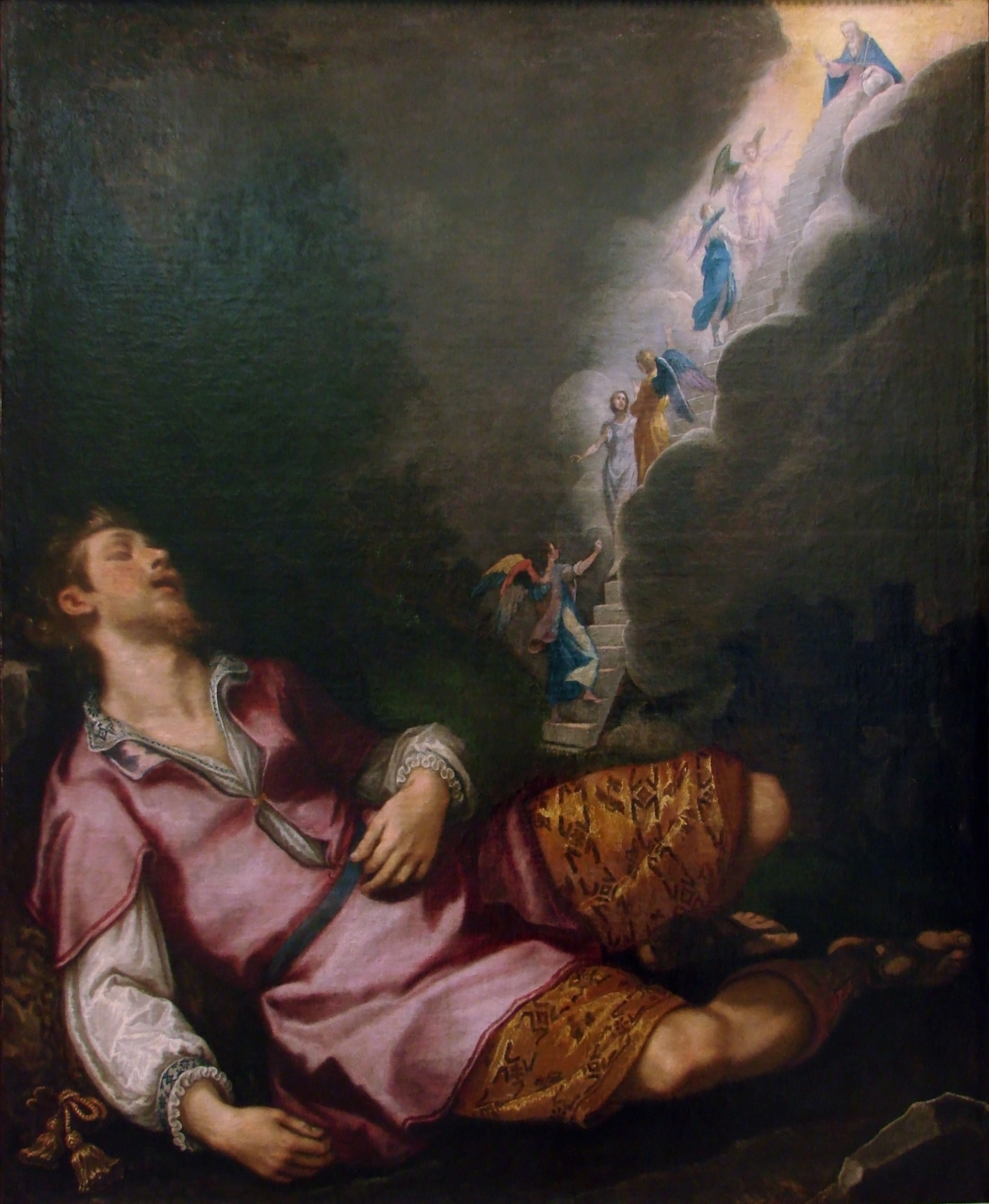 Homem adormecido observa anjos subindo uma escada celestial, representando o sonho de Jacó, em pintura de Cigoli, século XVII.