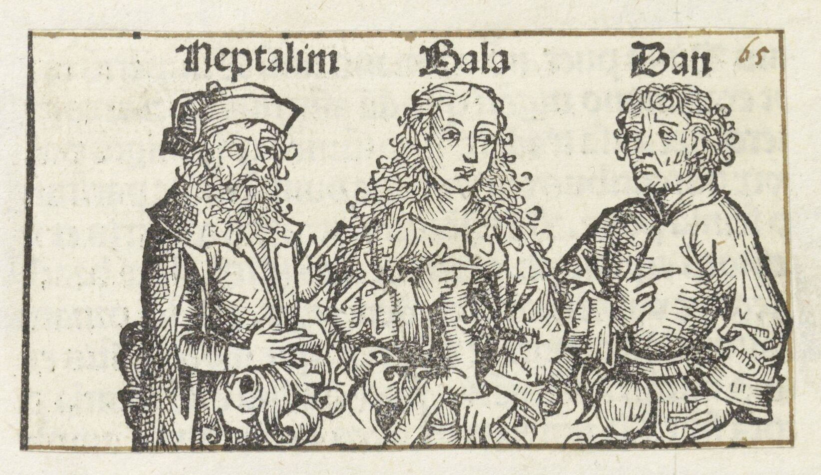 Bila (Bala) entre seus filhos Naftali e Dã, em xilogravura do Liber Chronicarum, 1493.