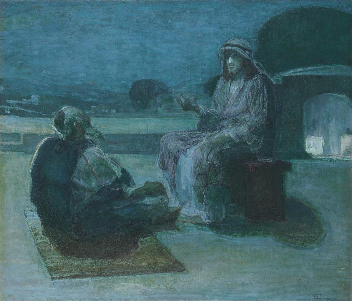 Figura solitária aproxima-se de Jesus numa cena noturna, em pintura de Henry Ossawa Tanner sobre a visita de Nicodemos.