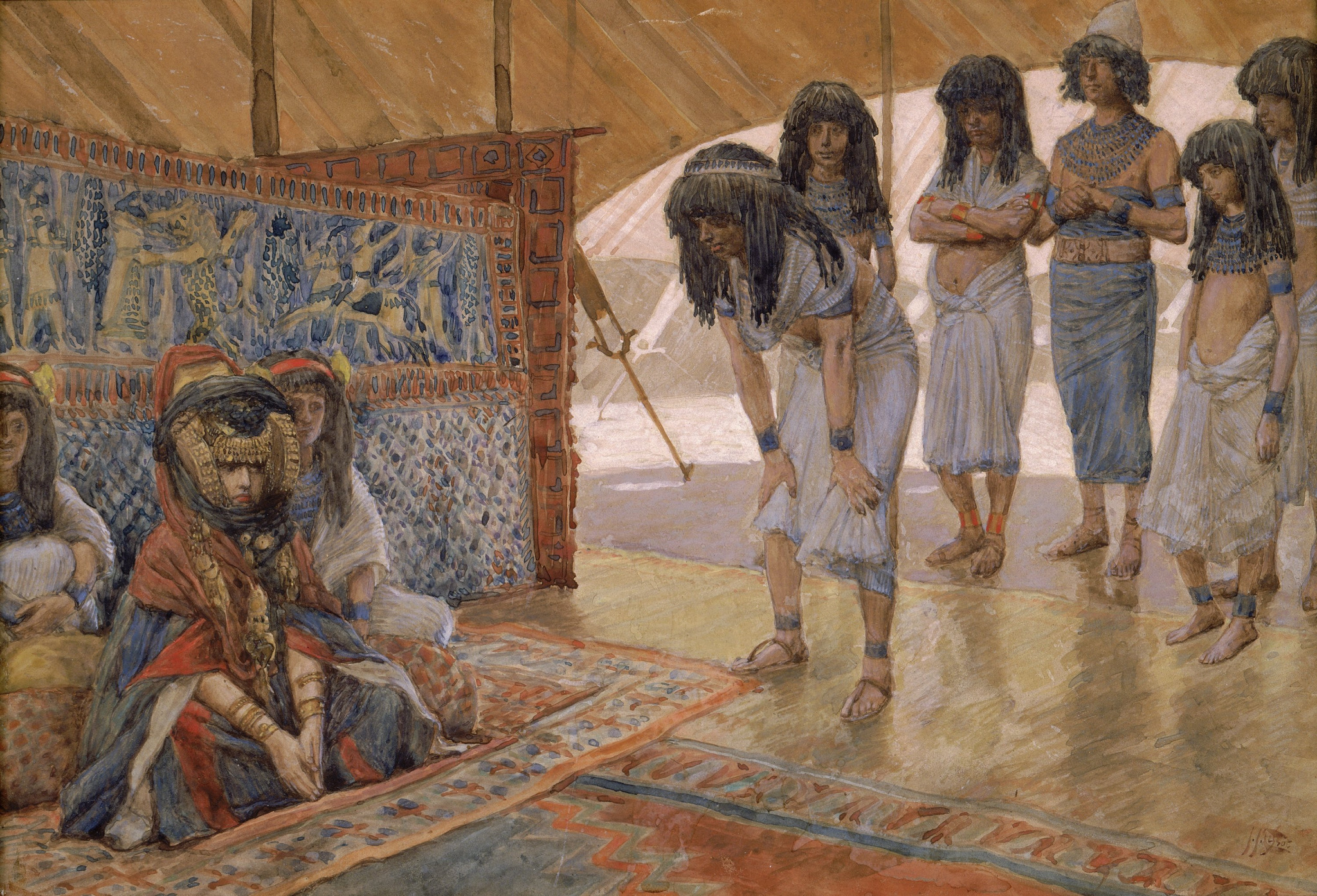 Sarai diante de emissários egípcios na tenda, cena da ida ao palácio do Faraó, em pintura de James Tissot (c. 1896-1902).