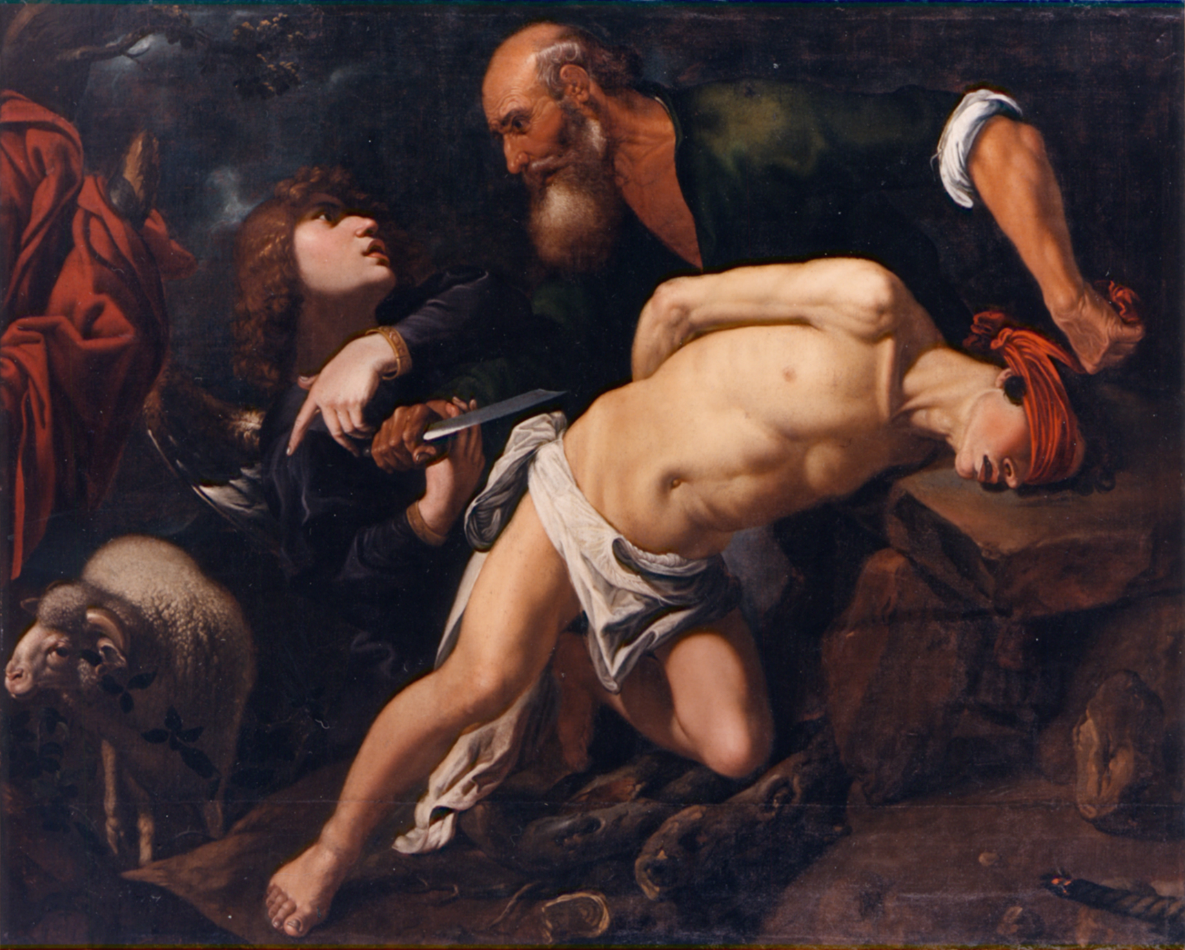Abraão segura Isaque enquanto um anjo aponta para o carneiro substituto, em pintura de Pedro Orrente, cerca de 1616.