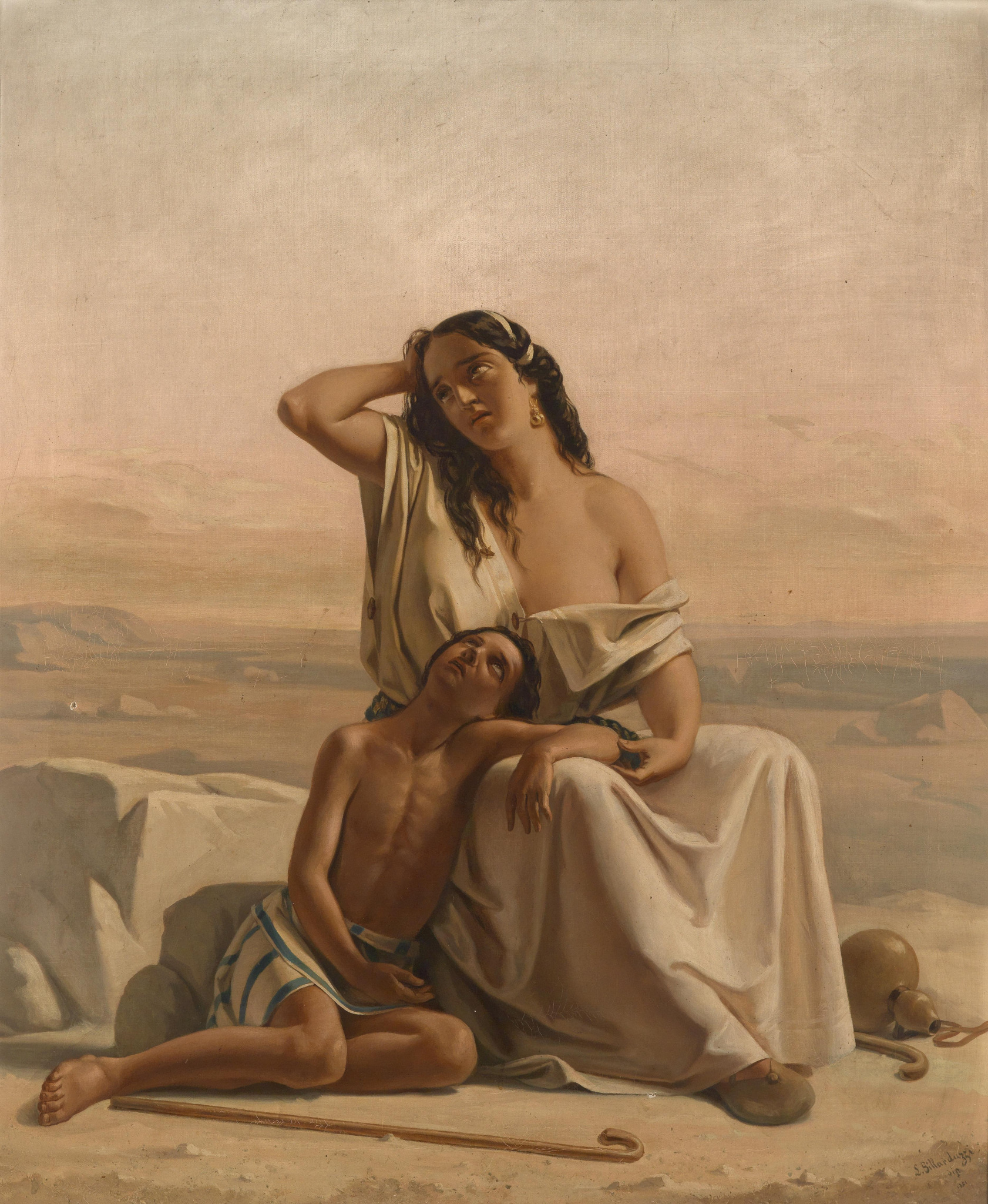 Mulher e criança exaustos no deserto, representando Agar e Ismael, em pintura de Gillarduzzi, século XIX.